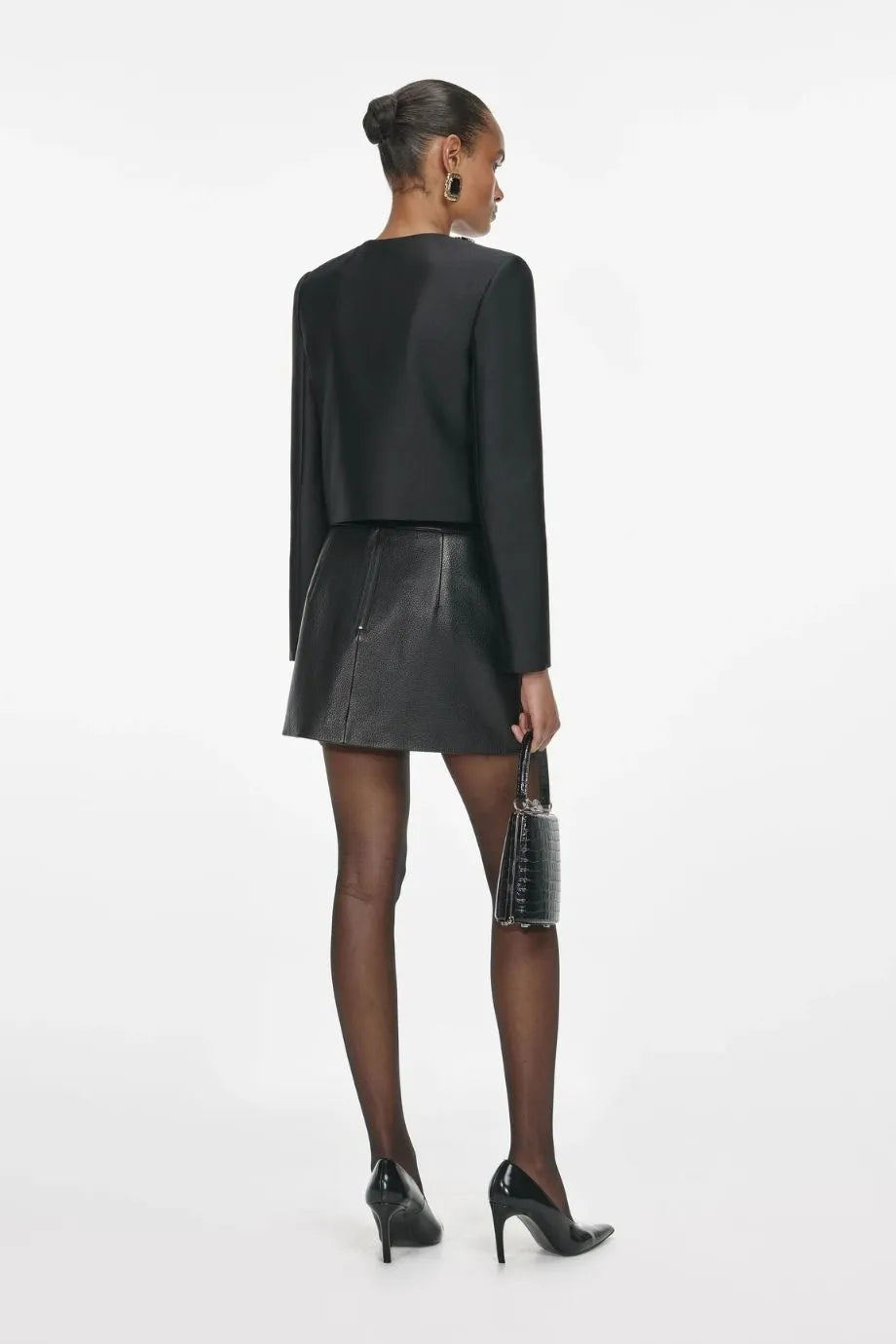 Taffeta Embellished Trim Cropped Jacket in Black