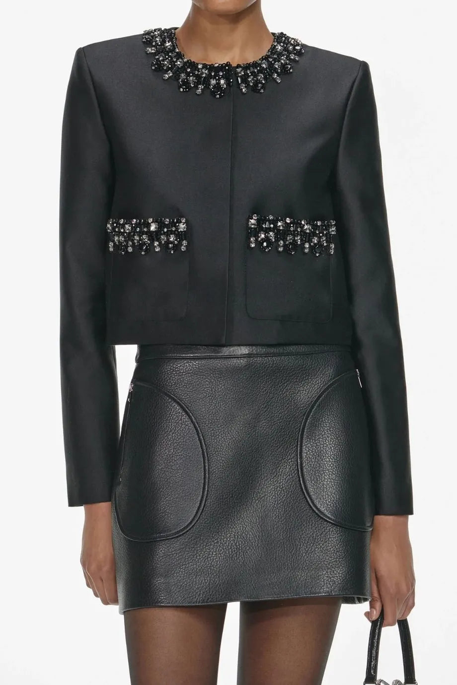 Taffeta Embellished Trim Cropped Jacket in Black