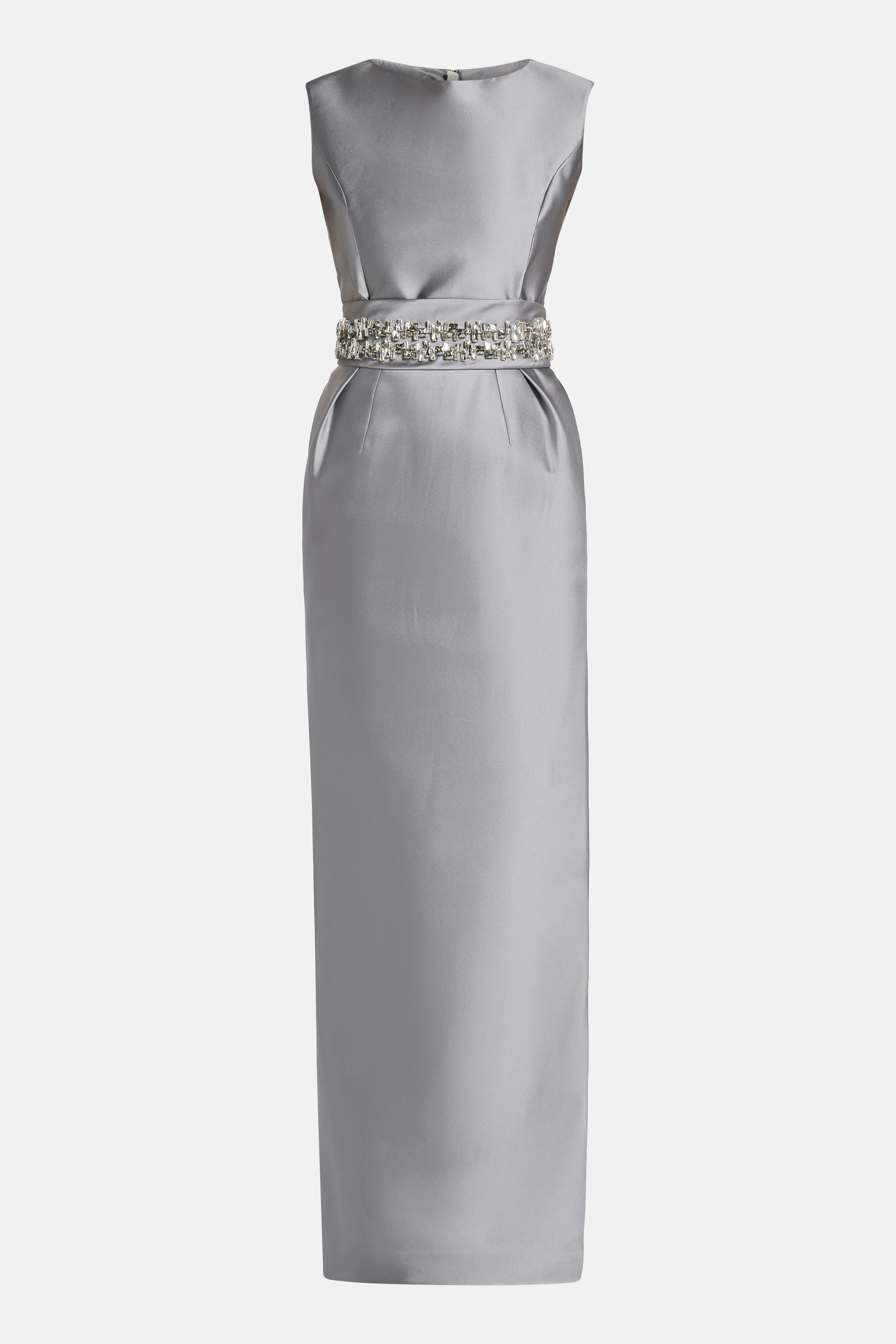 Belted Sleeveless Evening Dress in Silver