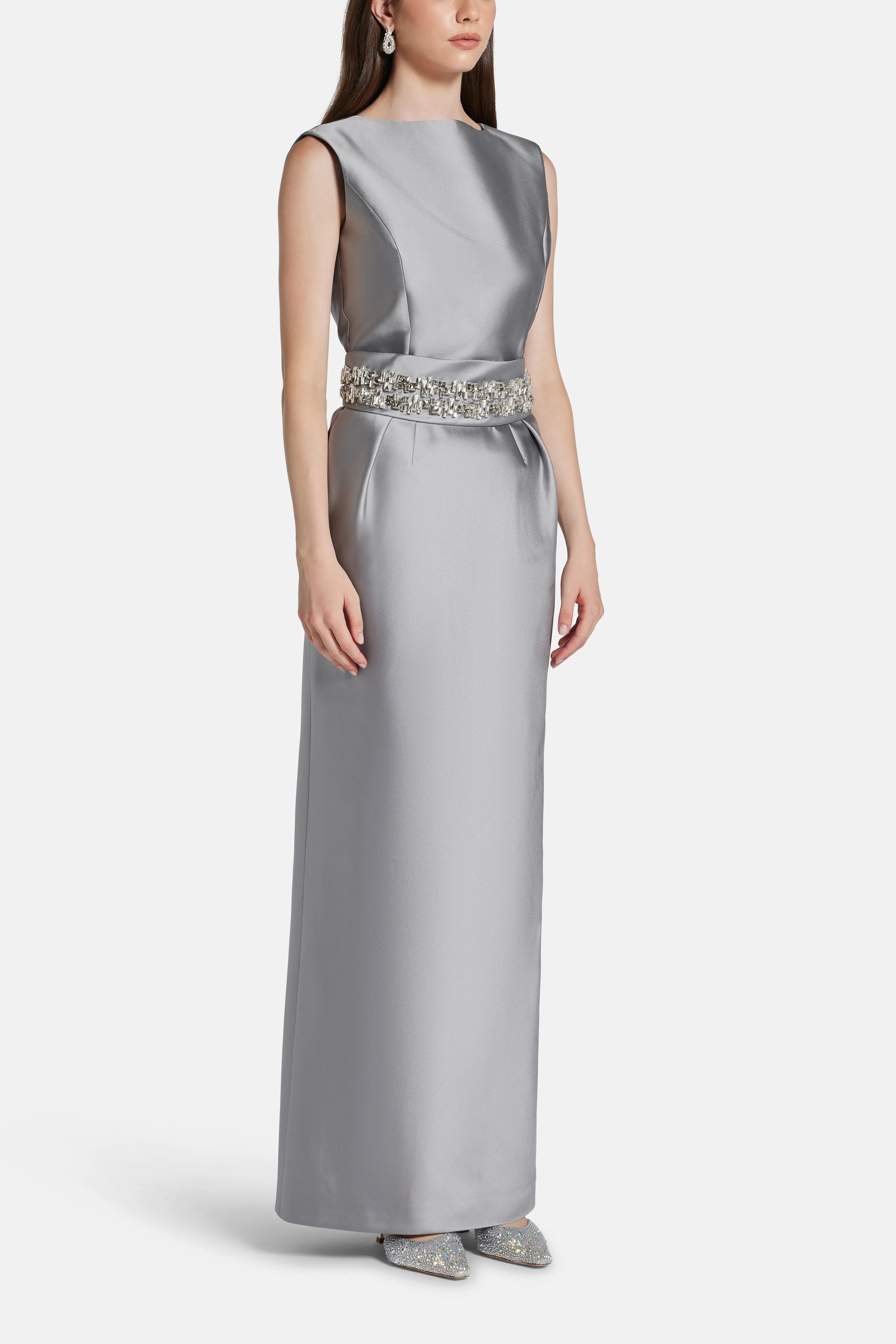Belted Sleeveless Evening Dress in Silver