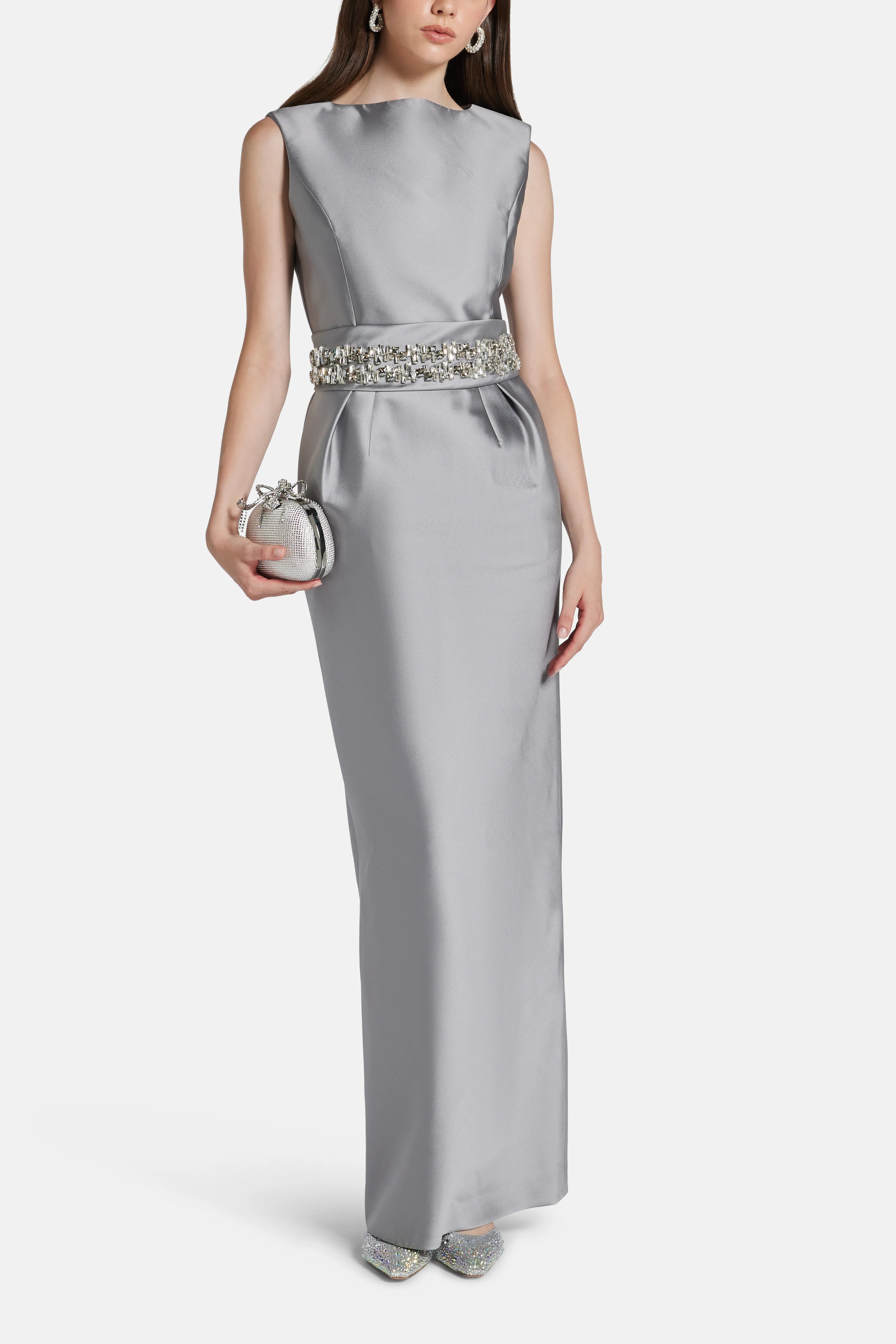 Belted Sleeveless Evening Dress in Silver