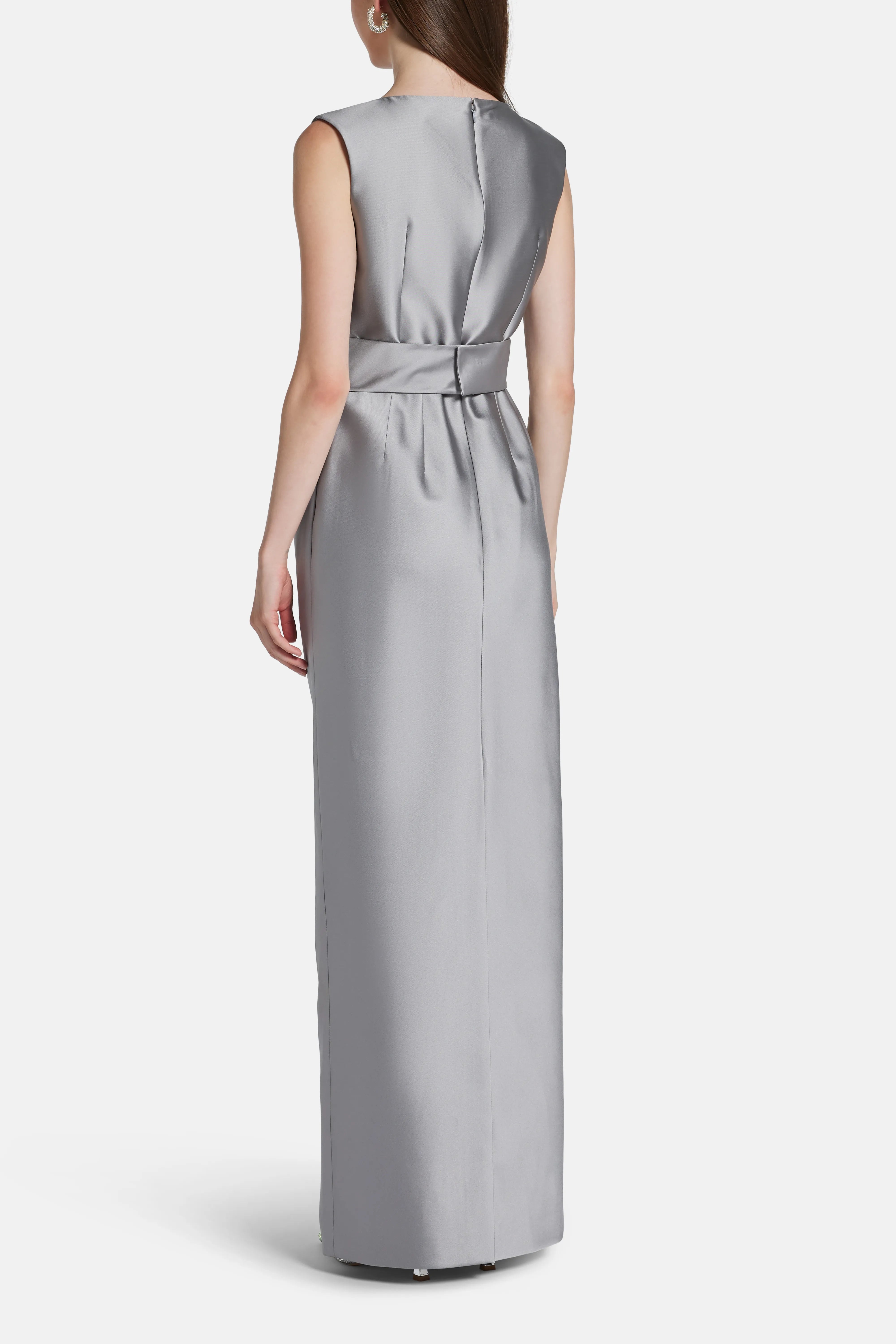 Belted Sleeveless Evening Dress in Silver