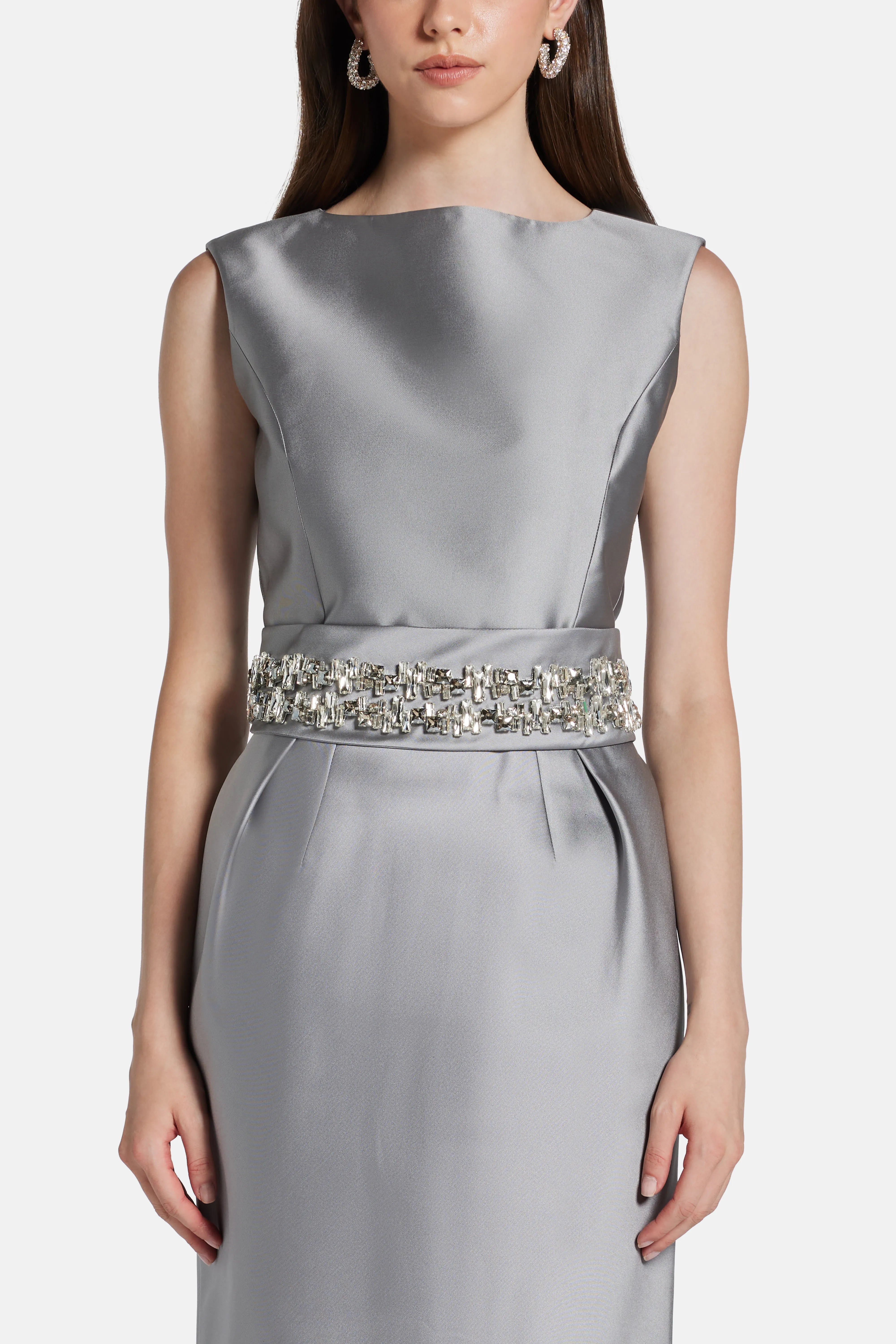 Belted Sleeveless Evening Dress in Silver