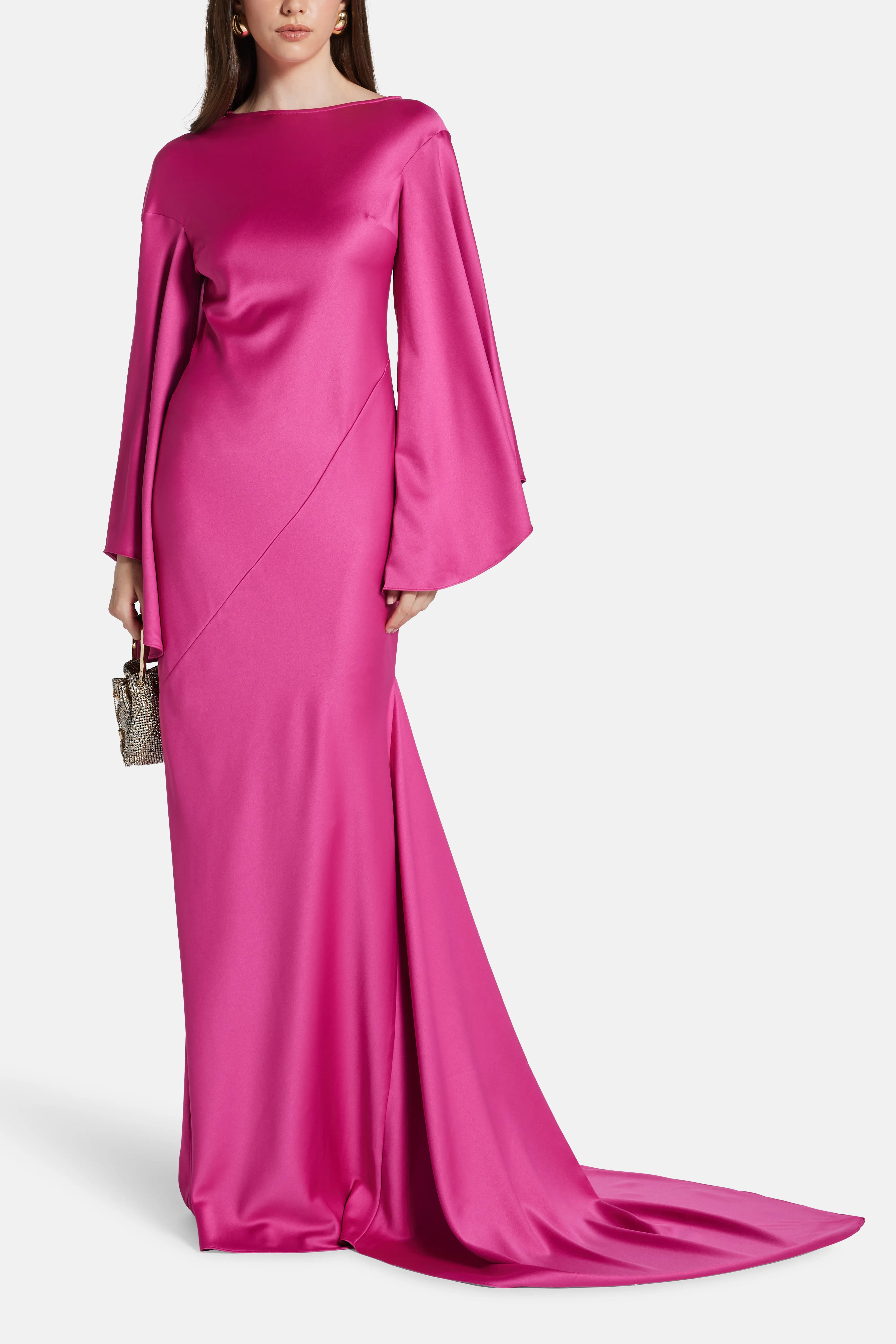 Xanthe Flared Sleeves Satin Crepe Maxi Dress With Cascading Hem in Pink
