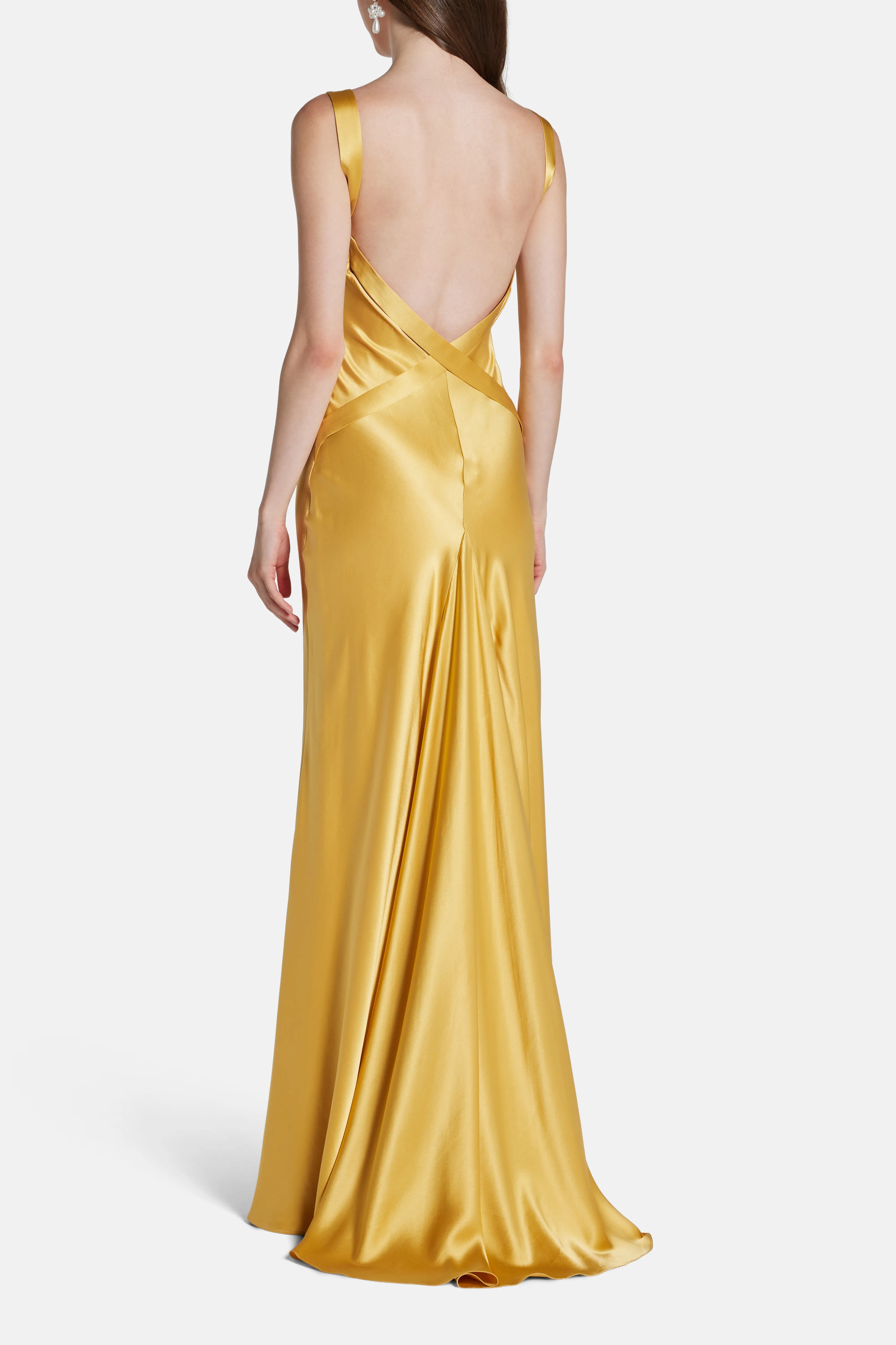 Malika Trail Back Sleeveless Silk Evening Dress in Gold