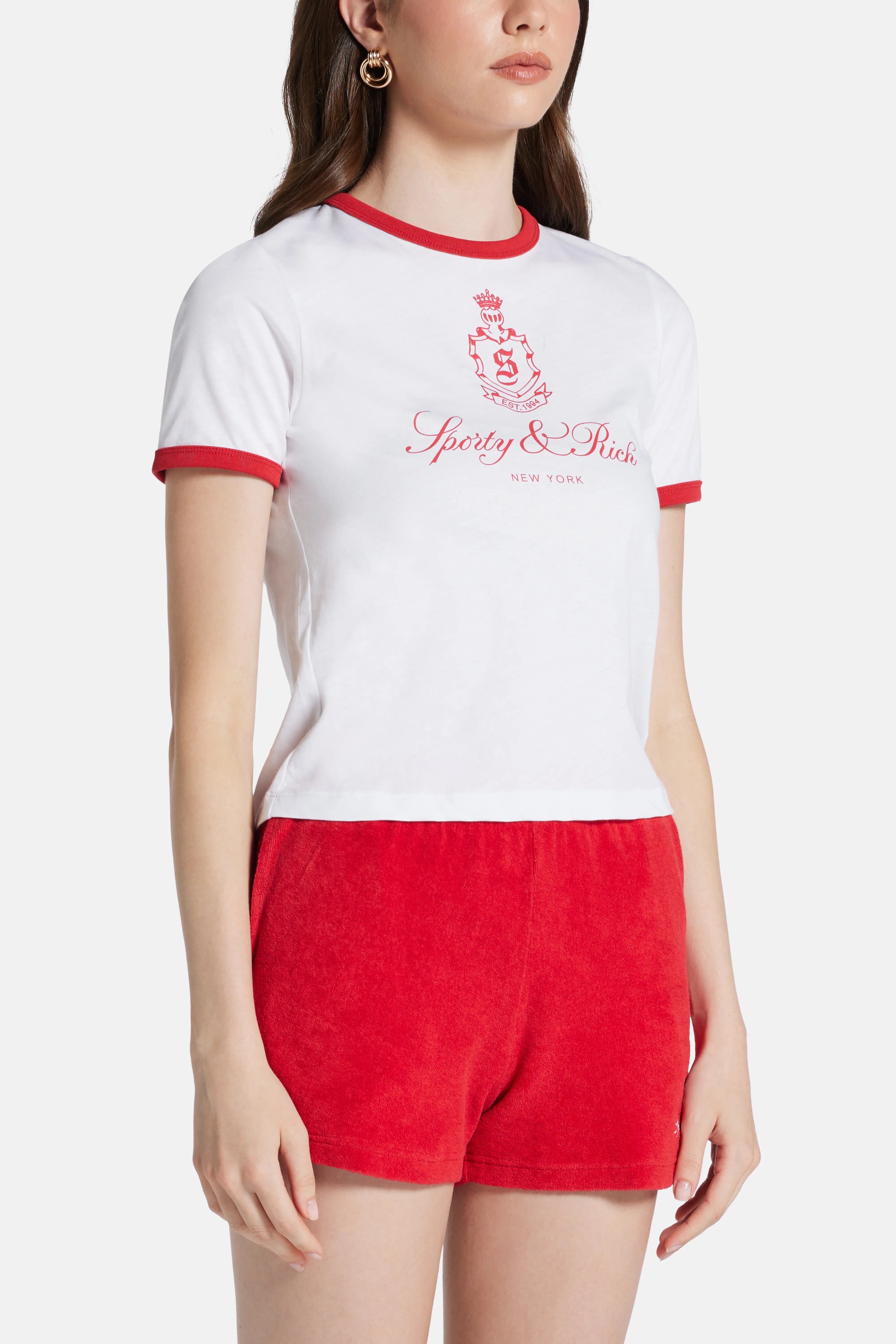 Vendome Ringer Cotton T-Shirt in White and Red