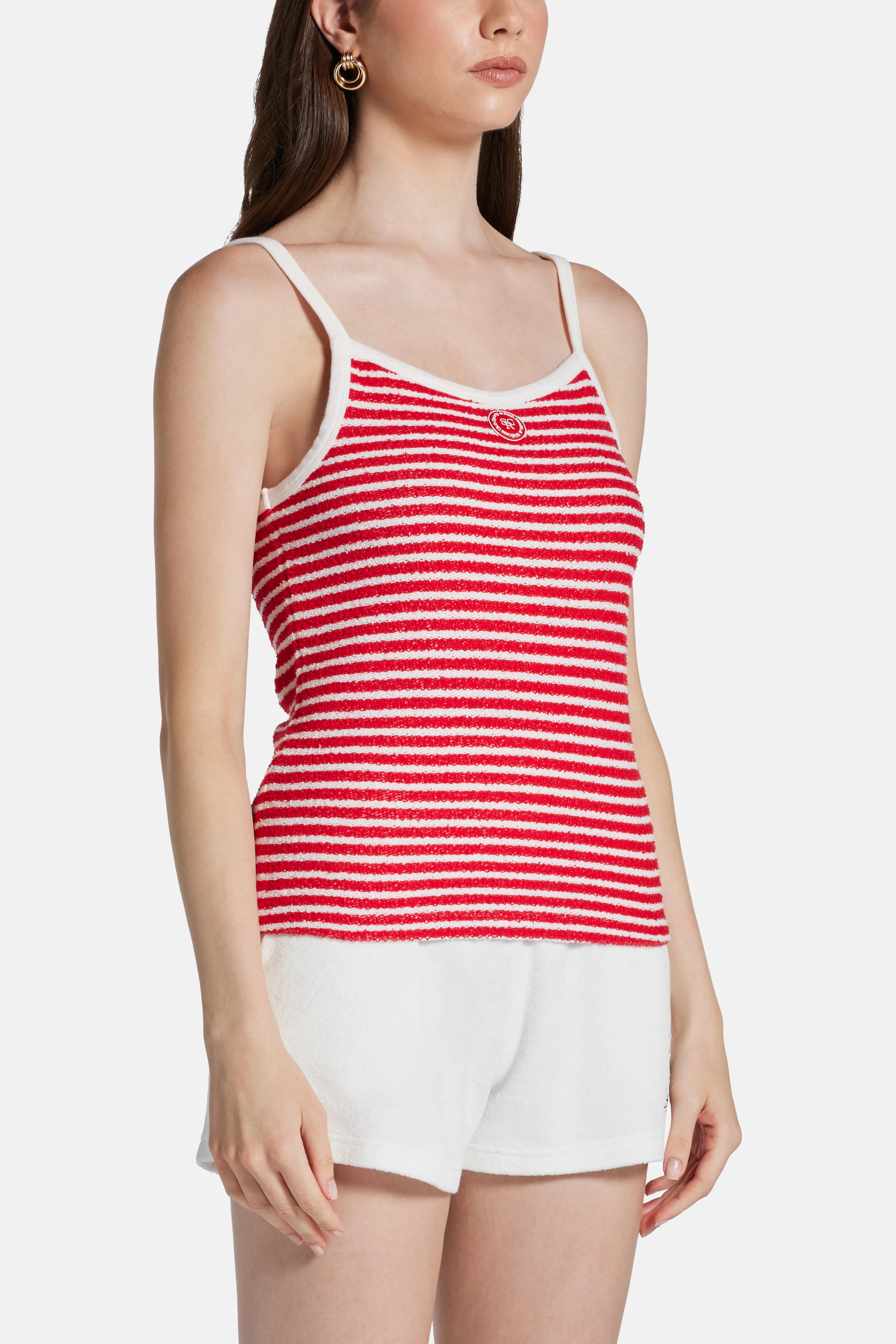 Serif Logo Striped Terry Cotton Tank Top in Red