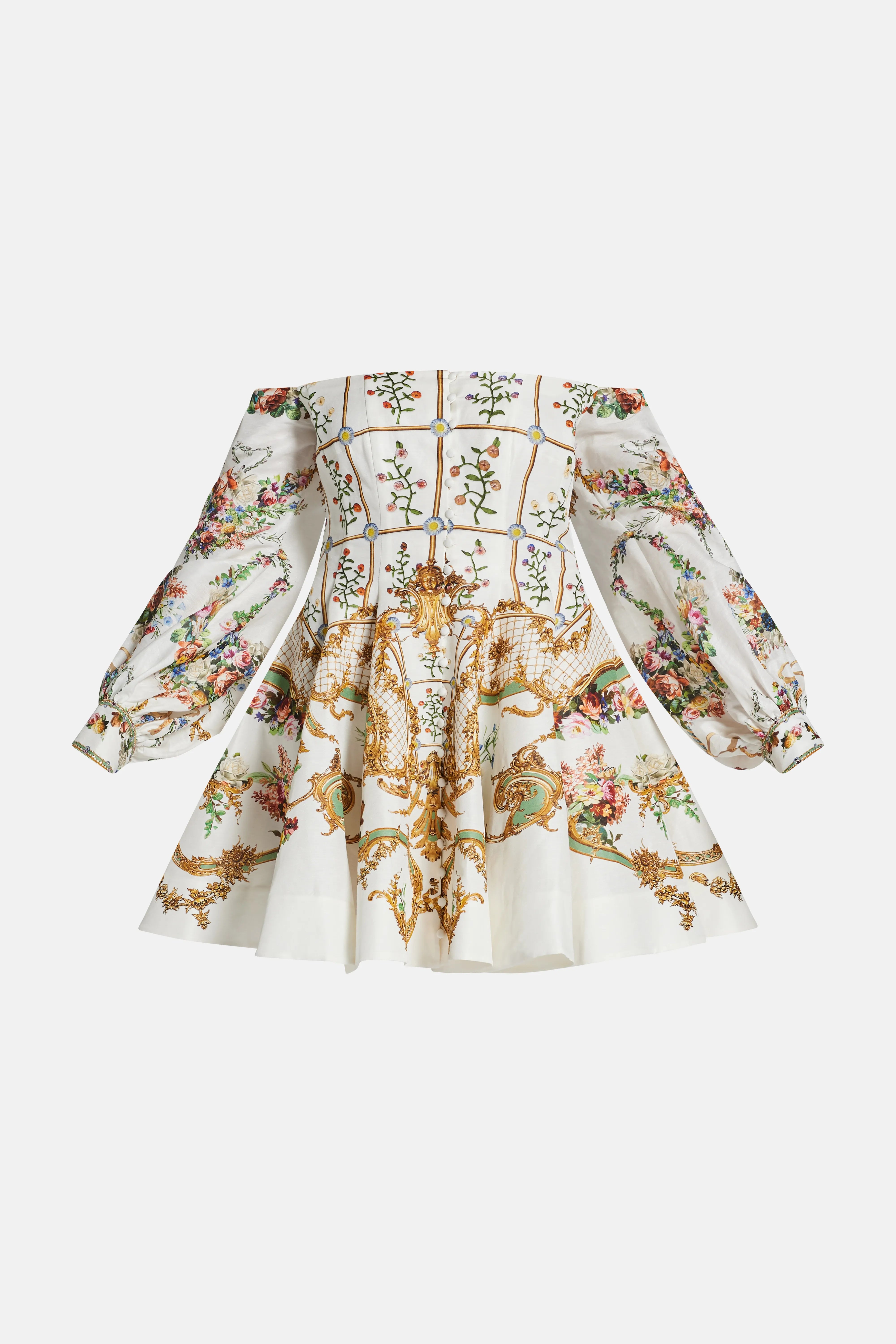 Dressing Room Drama Seamed Floral Linen Silk Off Shoulder Mini Dress in White