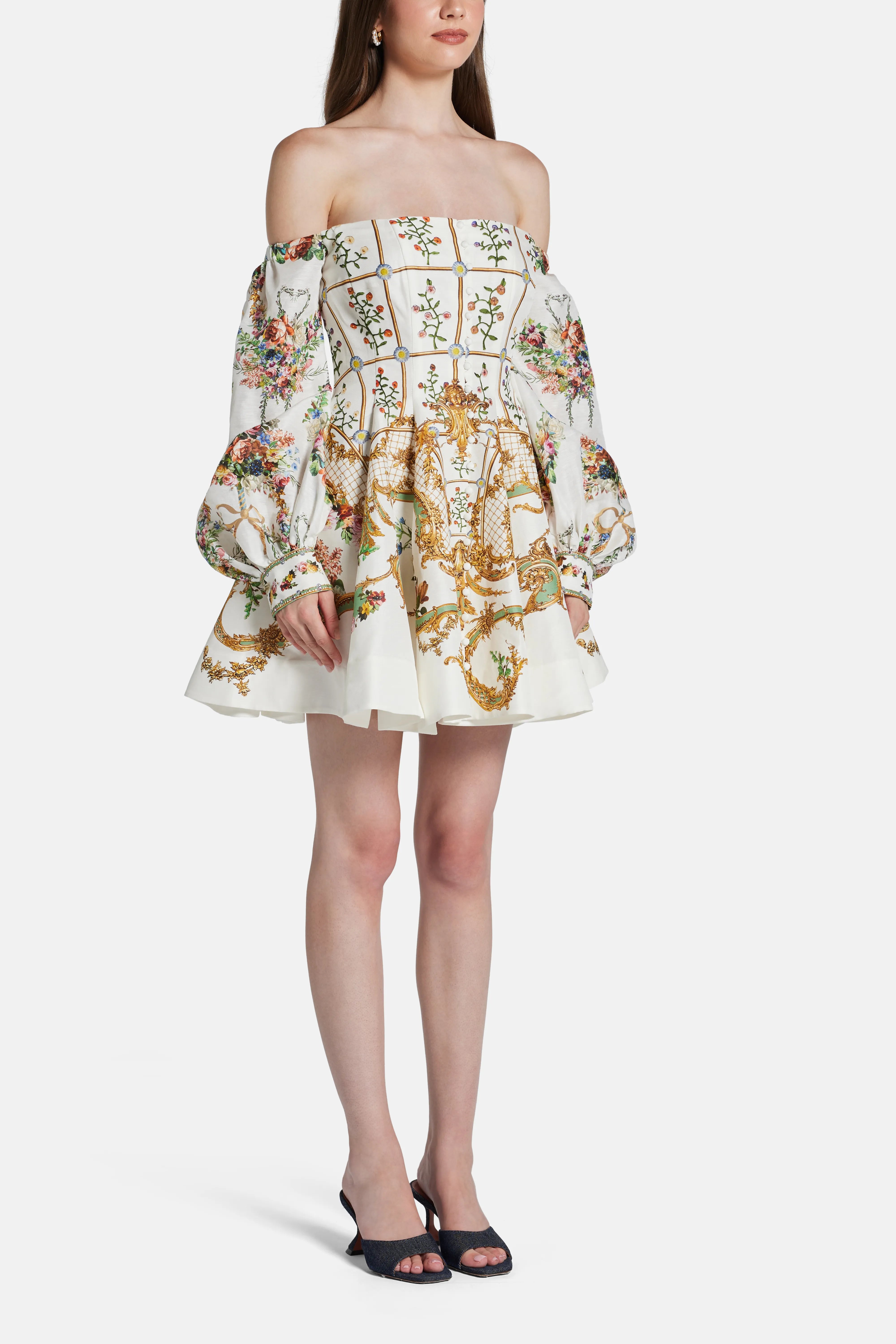 Dressing Room Drama Seamed Floral Linen Silk Off Shoulder Mini Dress in White