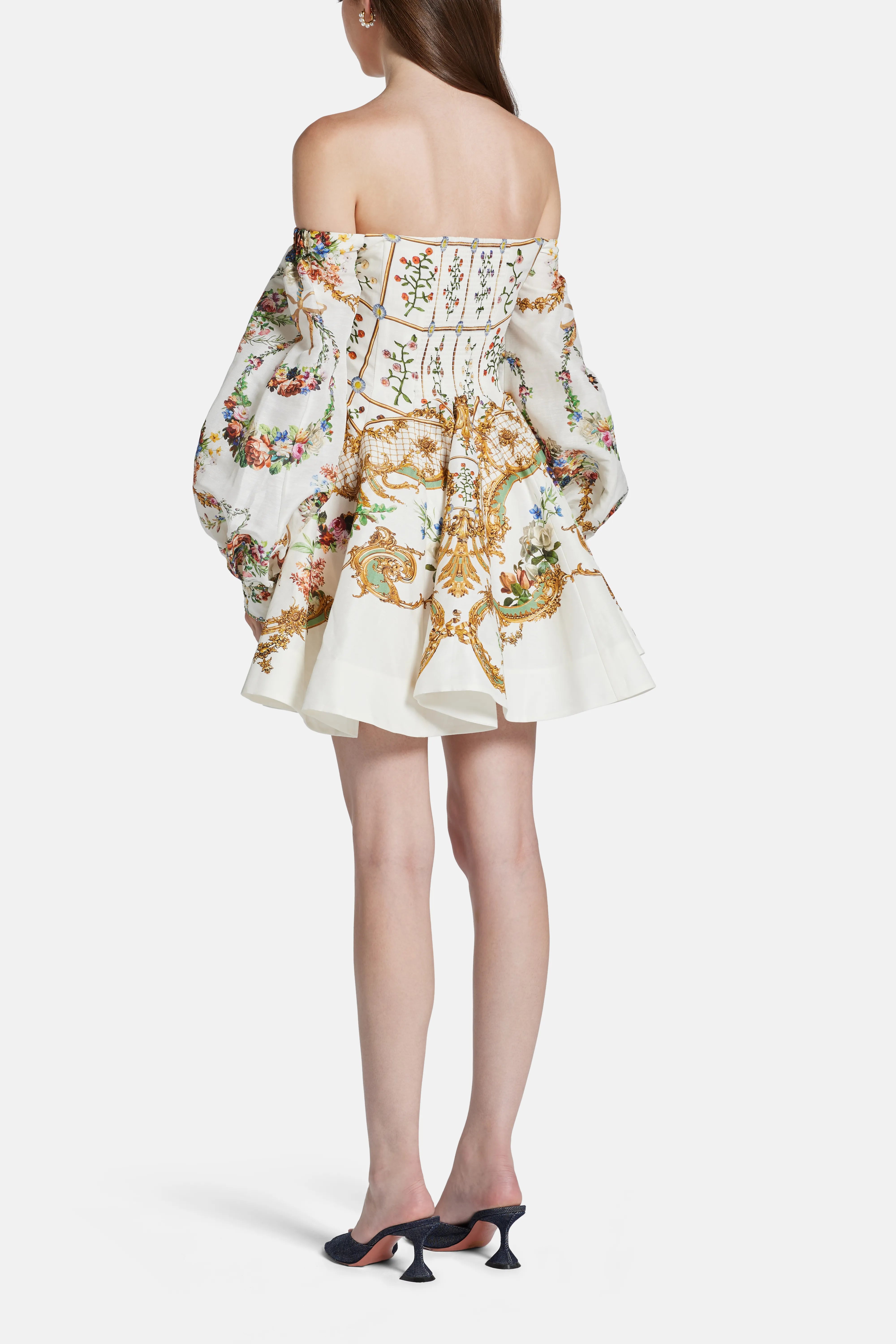 Dressing Room Drama Seamed Floral Linen Silk Off Shoulder Mini Dress in White