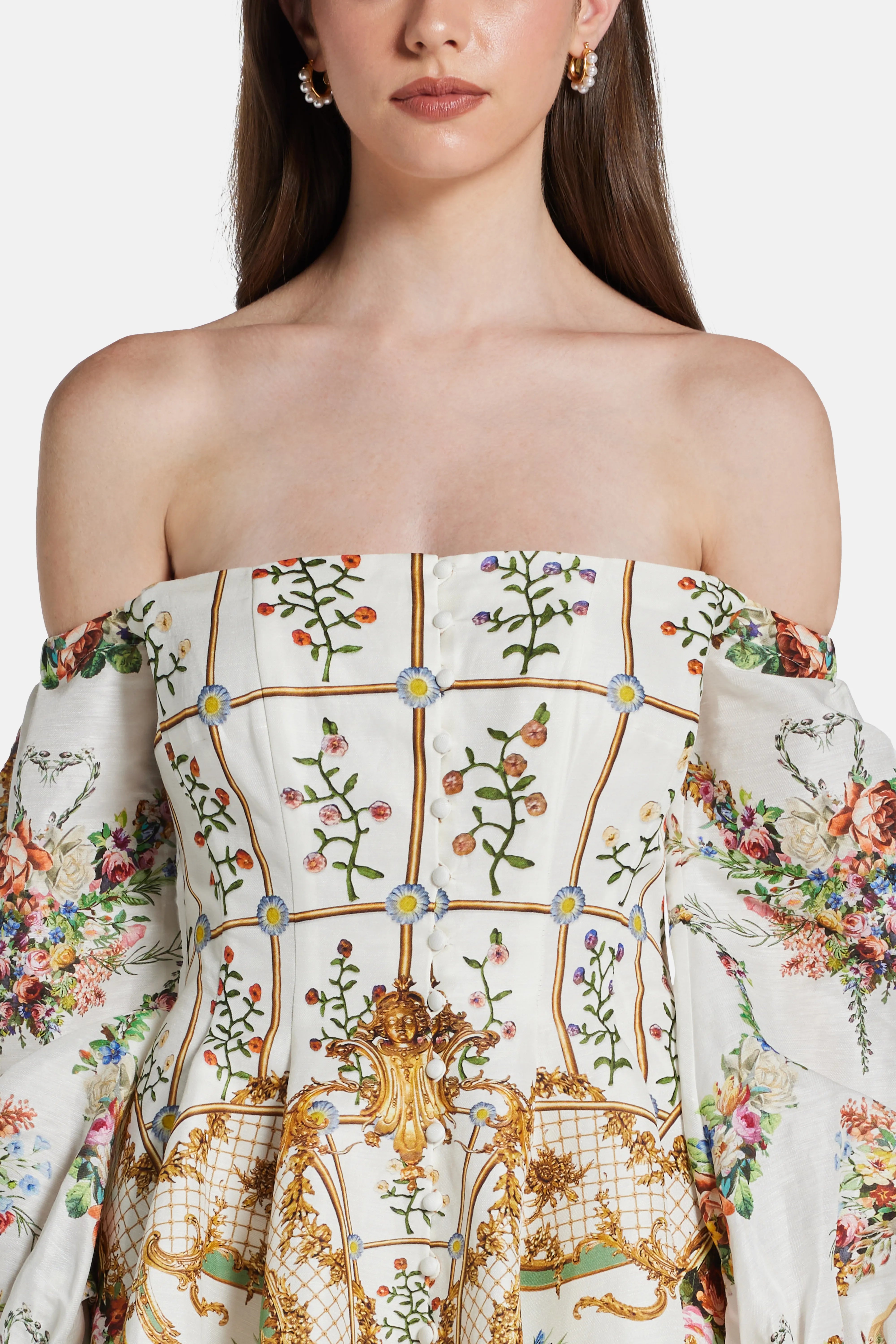 Dressing Room Drama Seamed Floral Linen Silk Off Shoulder Mini Dress in White