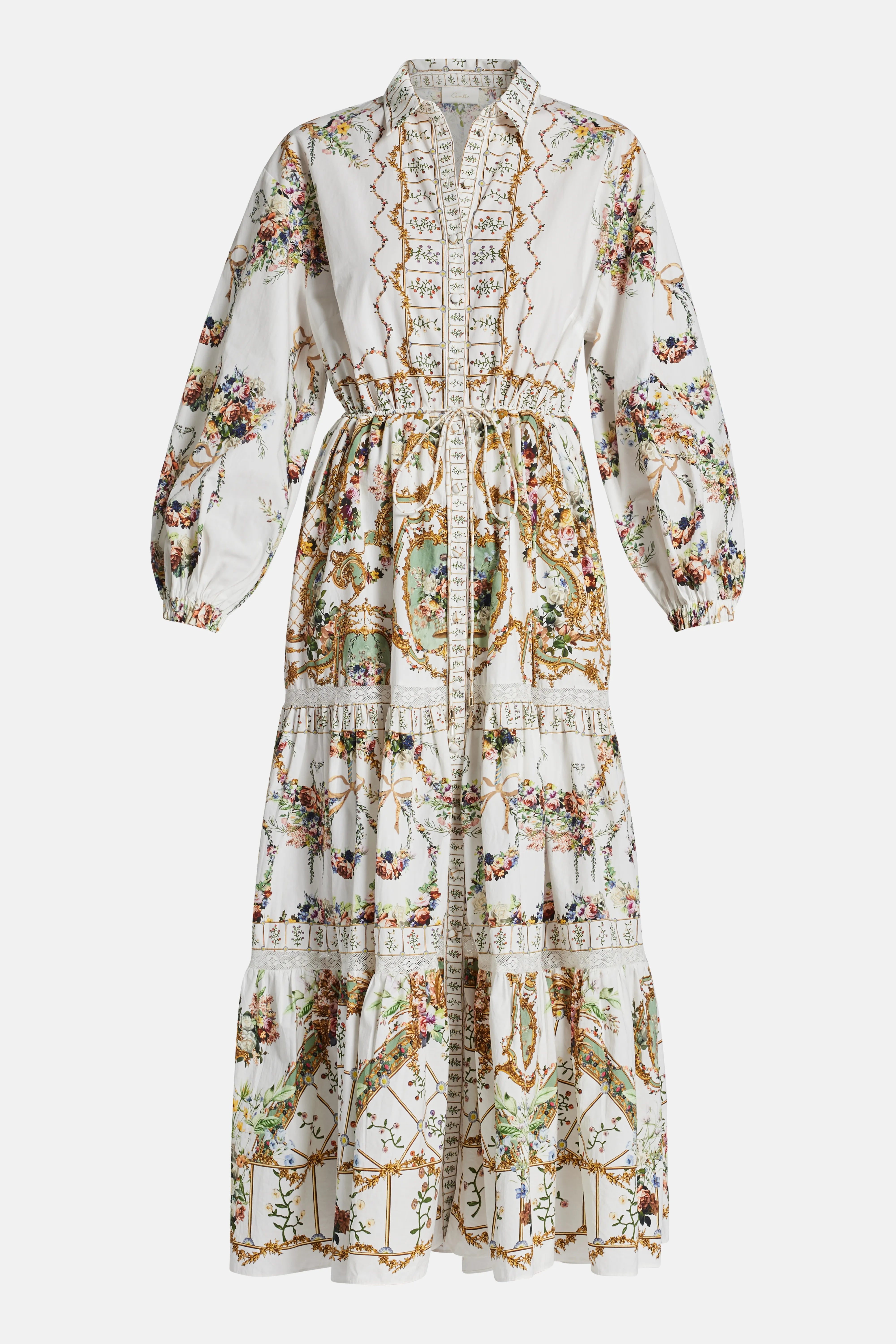 Dressing Room Drama Floral Tiered Long Sleeves Cotton Shirt Maxi Dress in White