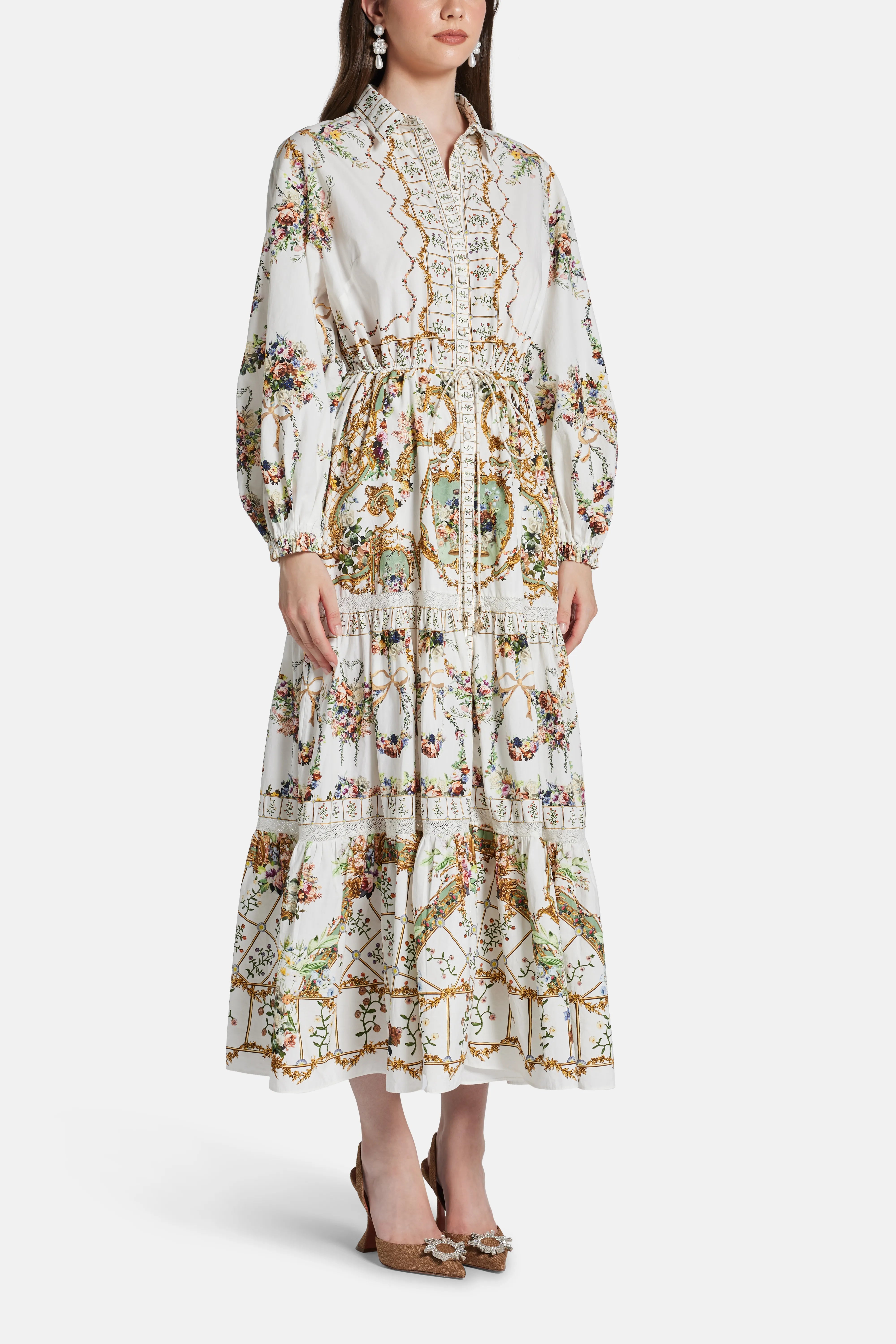 Dressing Room Drama Floral Tiered Long Sleeves Cotton Shirt Maxi Dress in White