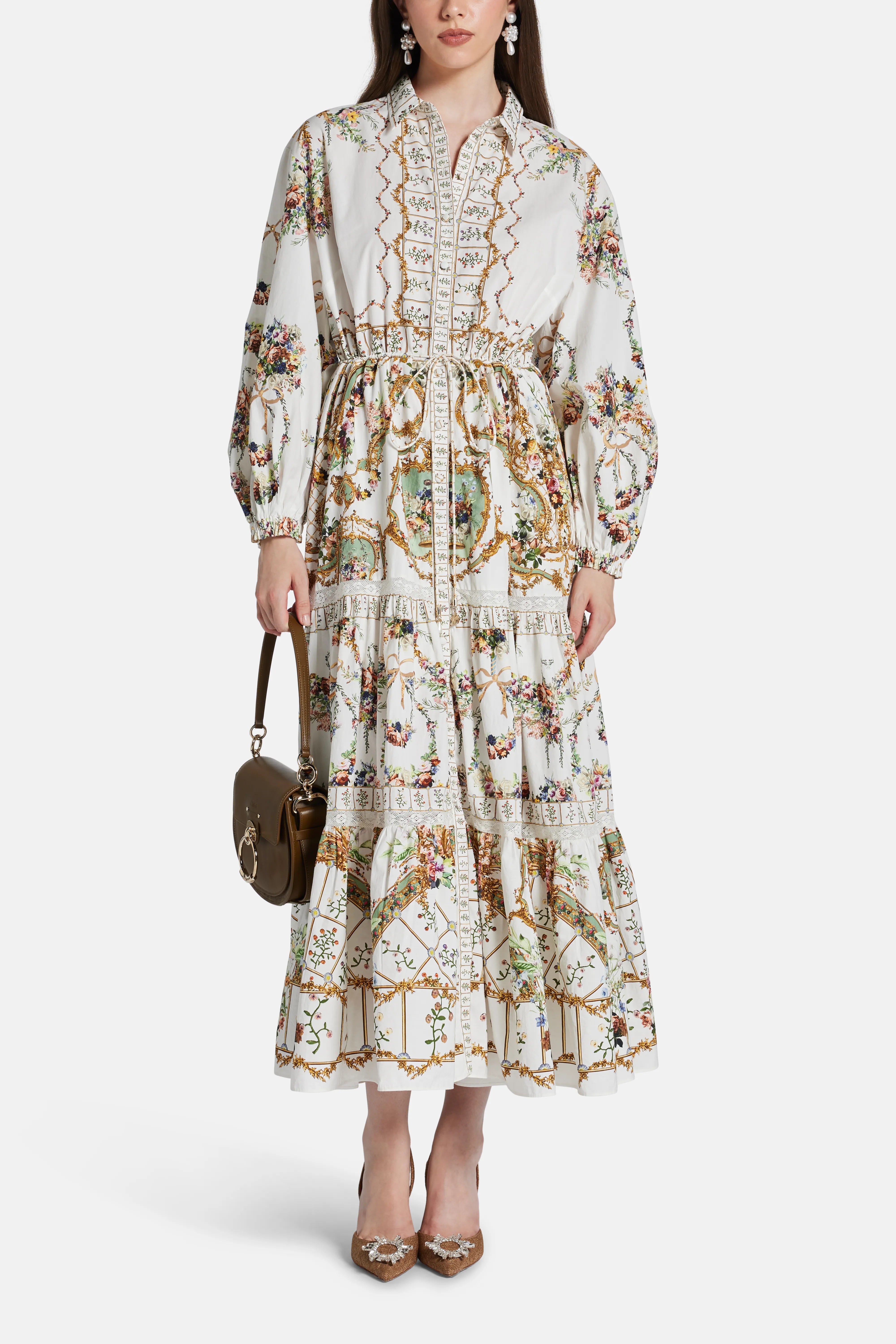 Dressing Room Drama Floral Tiered Long Sleeves Cotton Shirt Maxi Dress in White