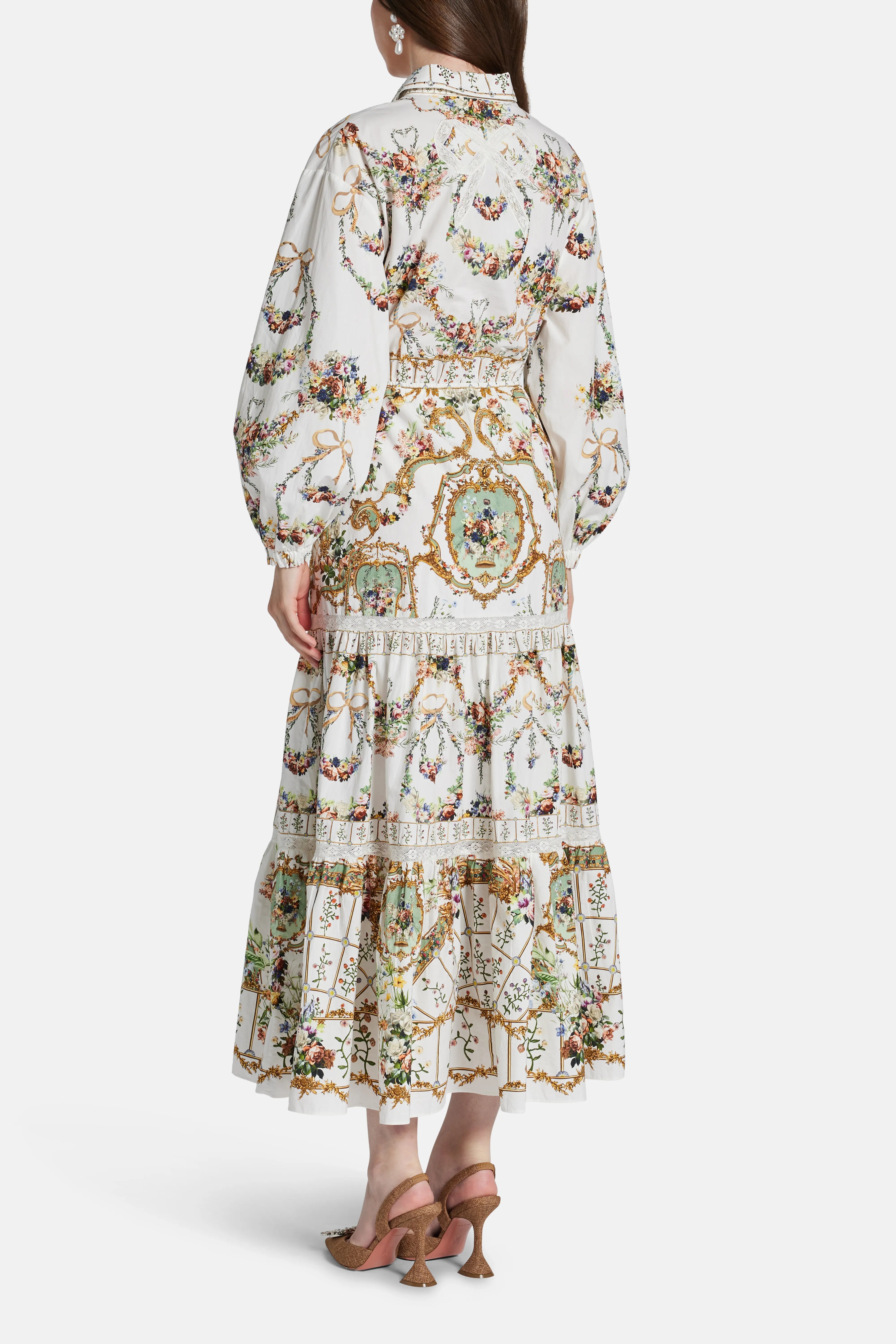 Dressing Room Drama Floral Tiered Long Sleeves Cotton Shirt Maxi Dress in White
