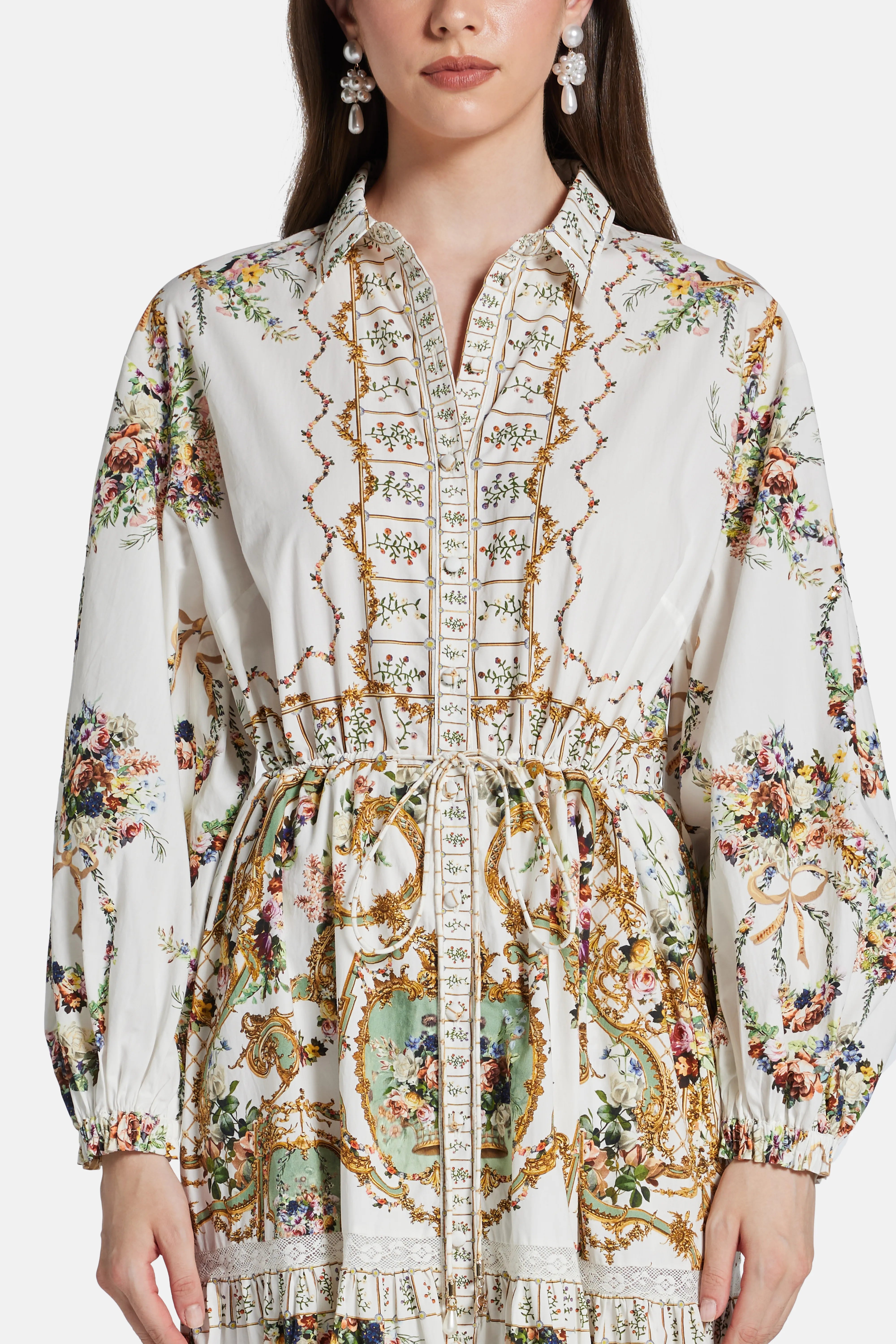 Dressing Room Drama Floral Tiered Long Sleeves Cotton Shirt Maxi Dress in White