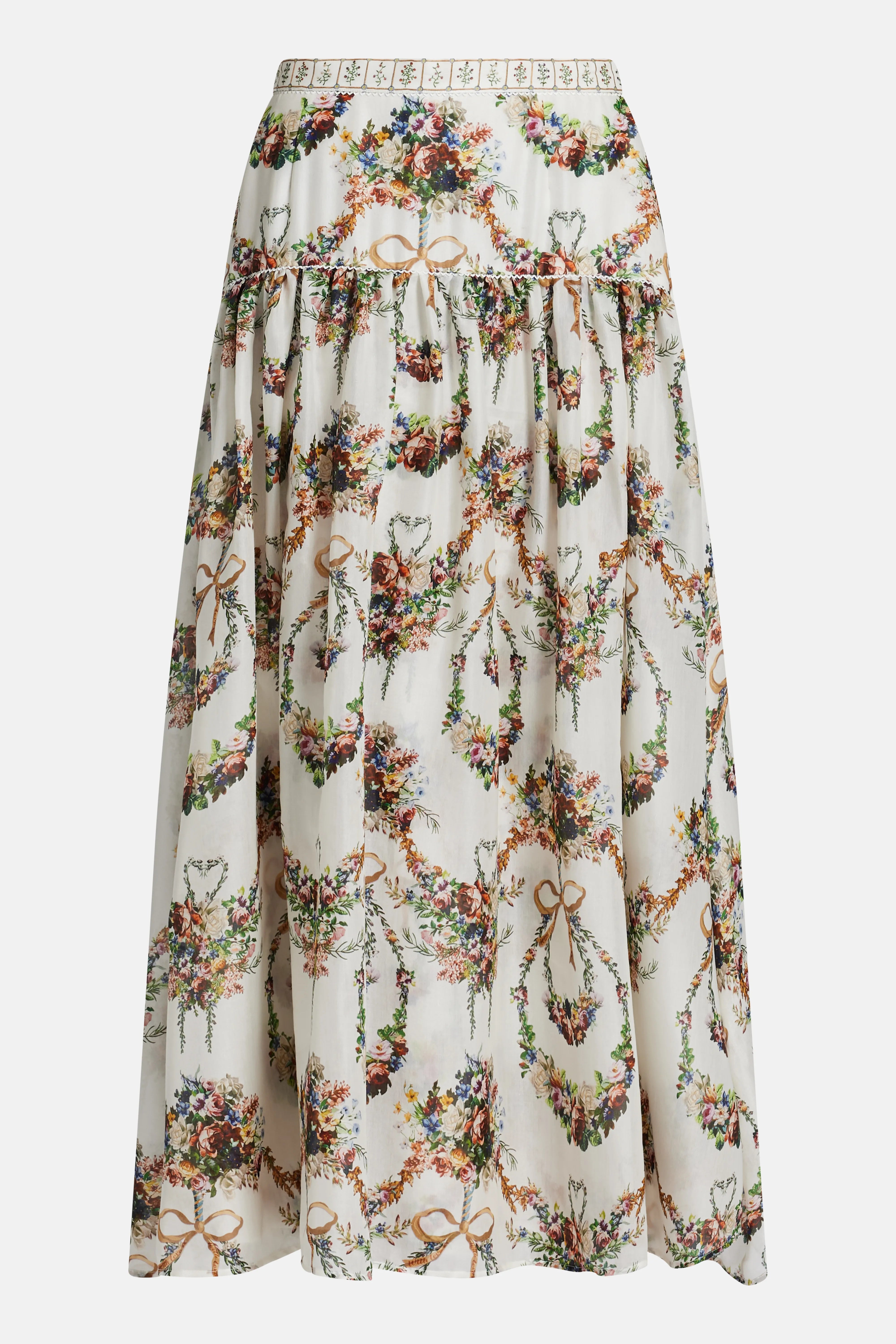 Dressing Room Drama Floral Fitted Waist Gathered Cotton Silk Maxi Skirt in White