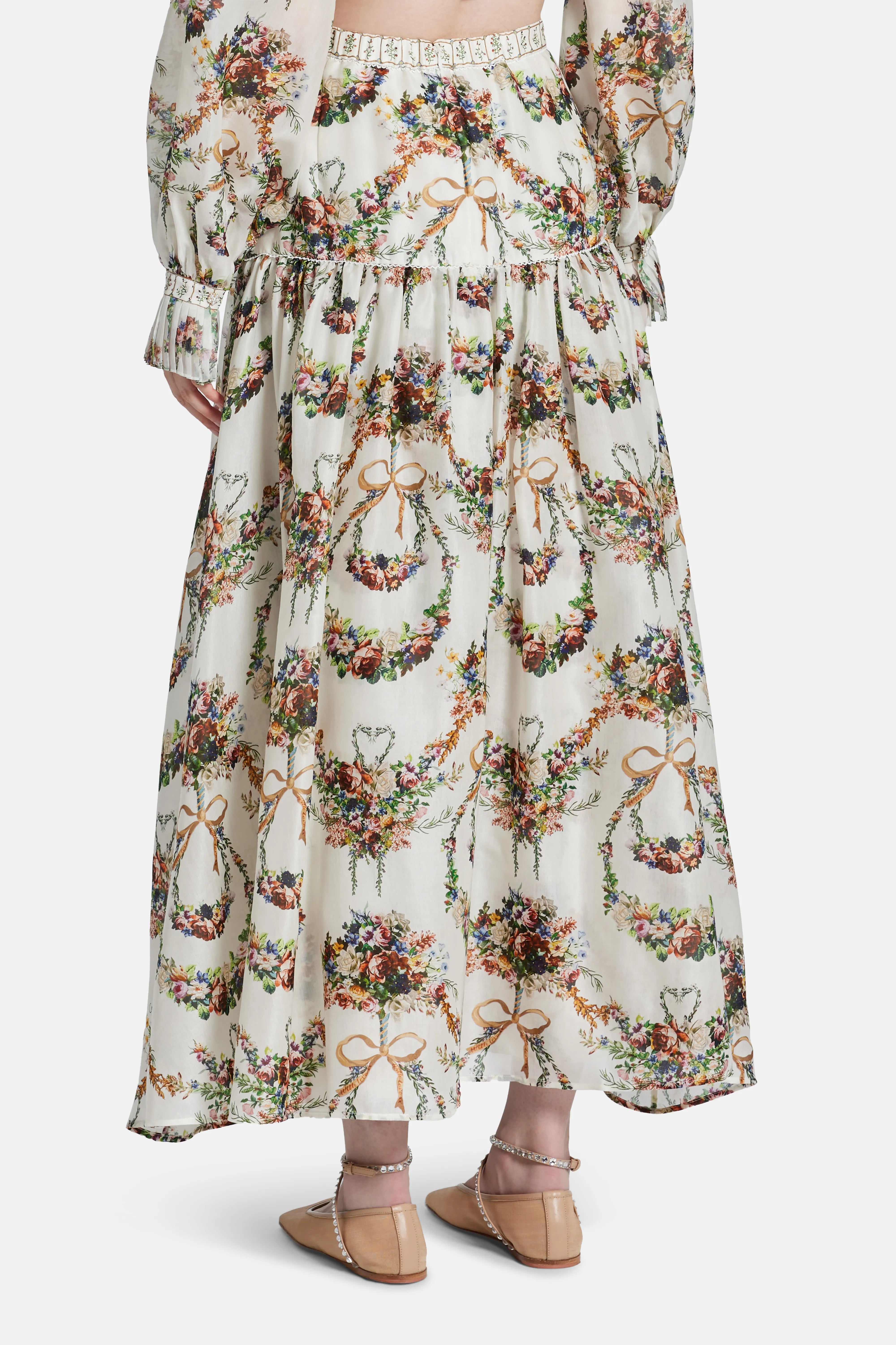 Dressing Room Drama Floral Fitted Waist Gathered Cotton Silk Maxi Skirt in White