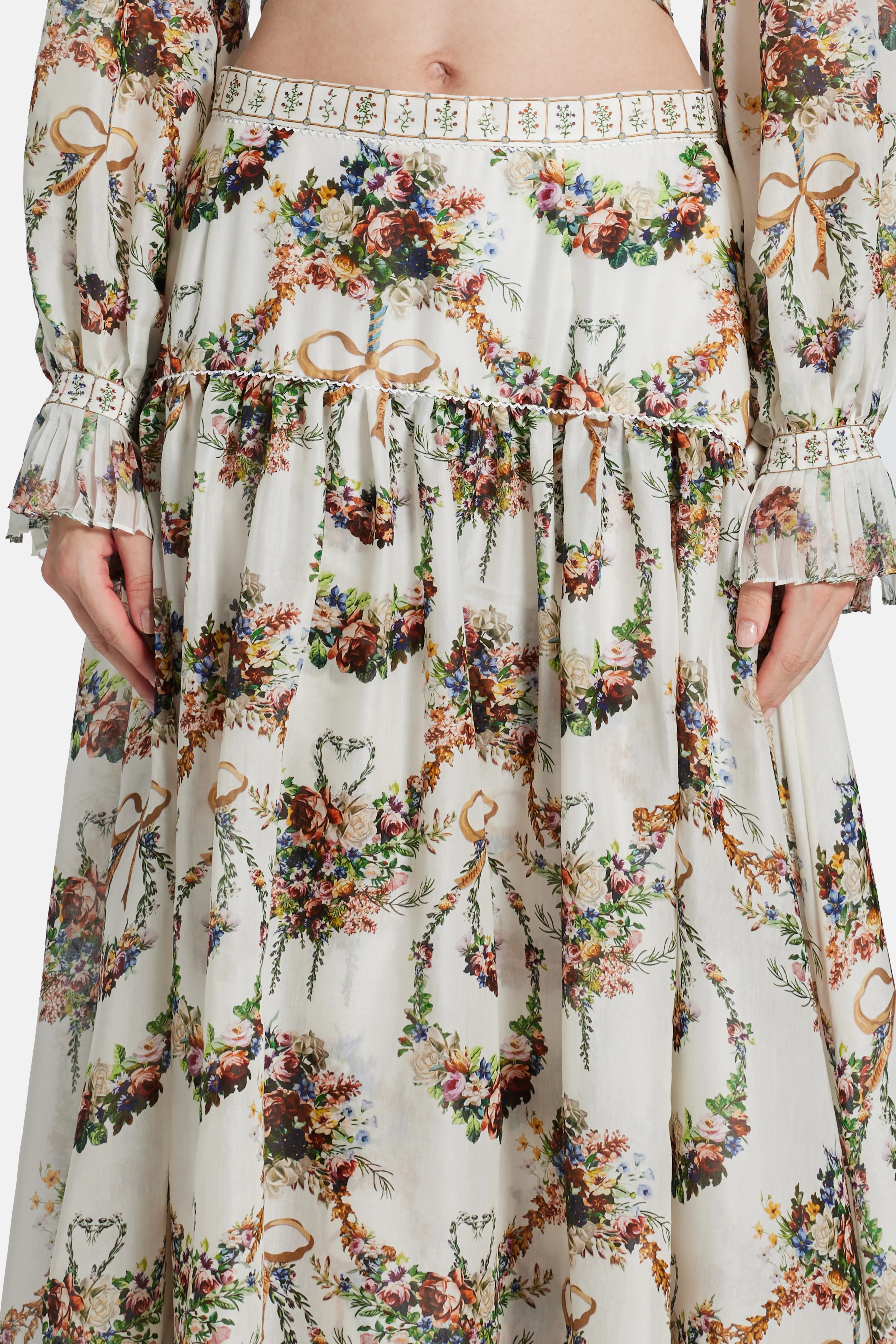 Dressing Room Drama Floral Fitted Waist Gathered Cotton Silk Maxi Skirt in White