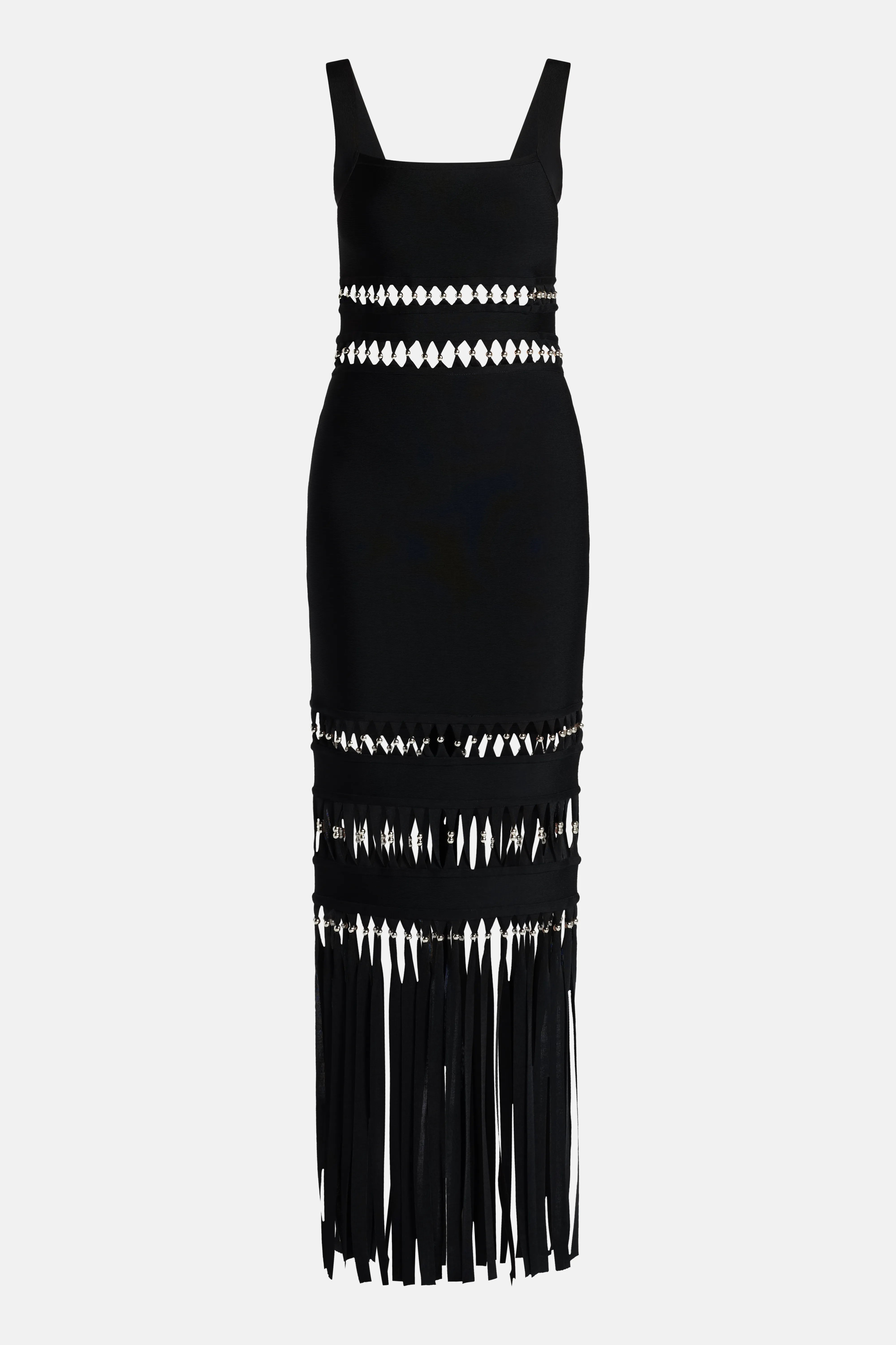 Ines Sleeveless Bandage Knit Maxi Dress With Fringes in Black