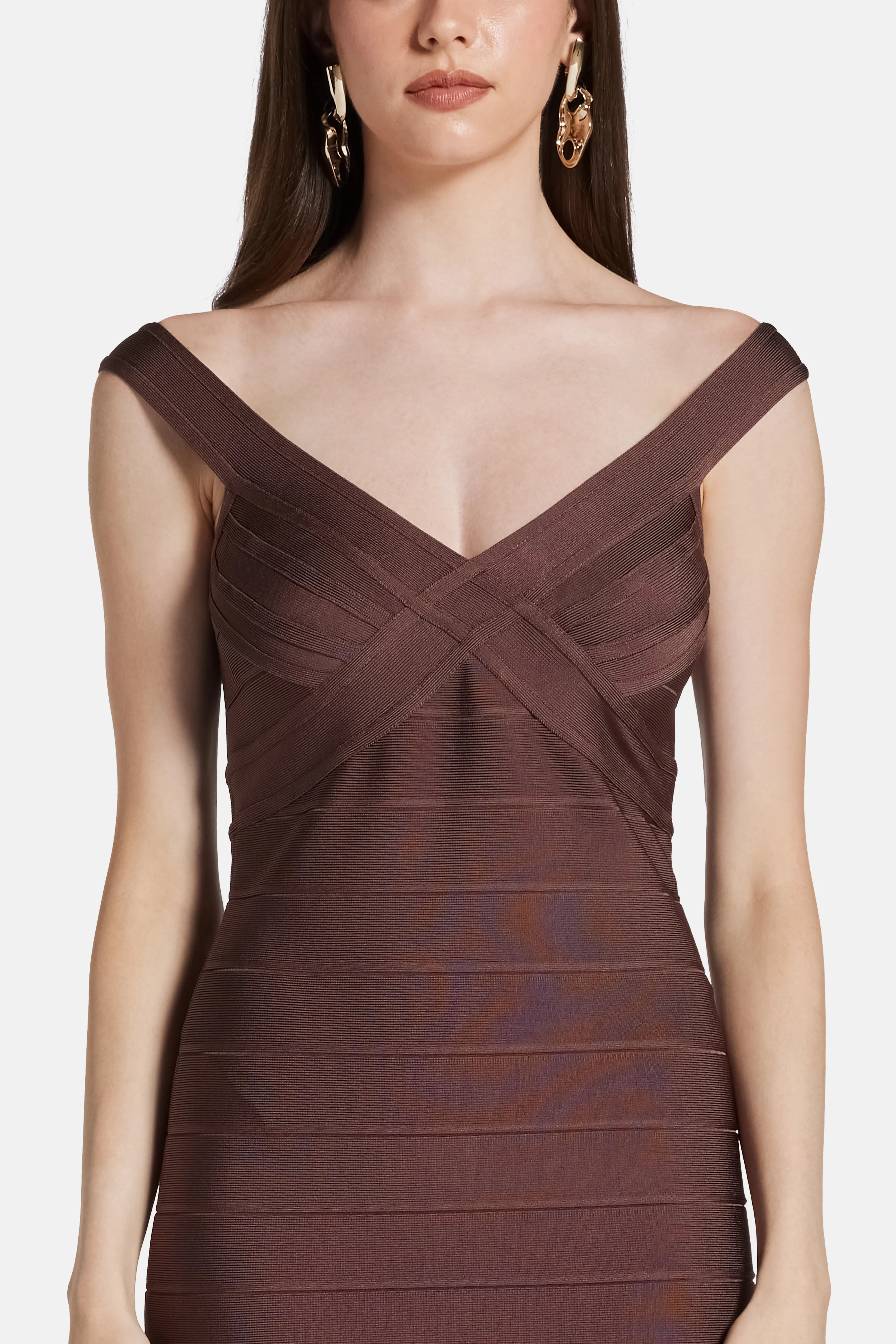 Rachel Off Shoulder Bandage Knit Mini Dress in Brown