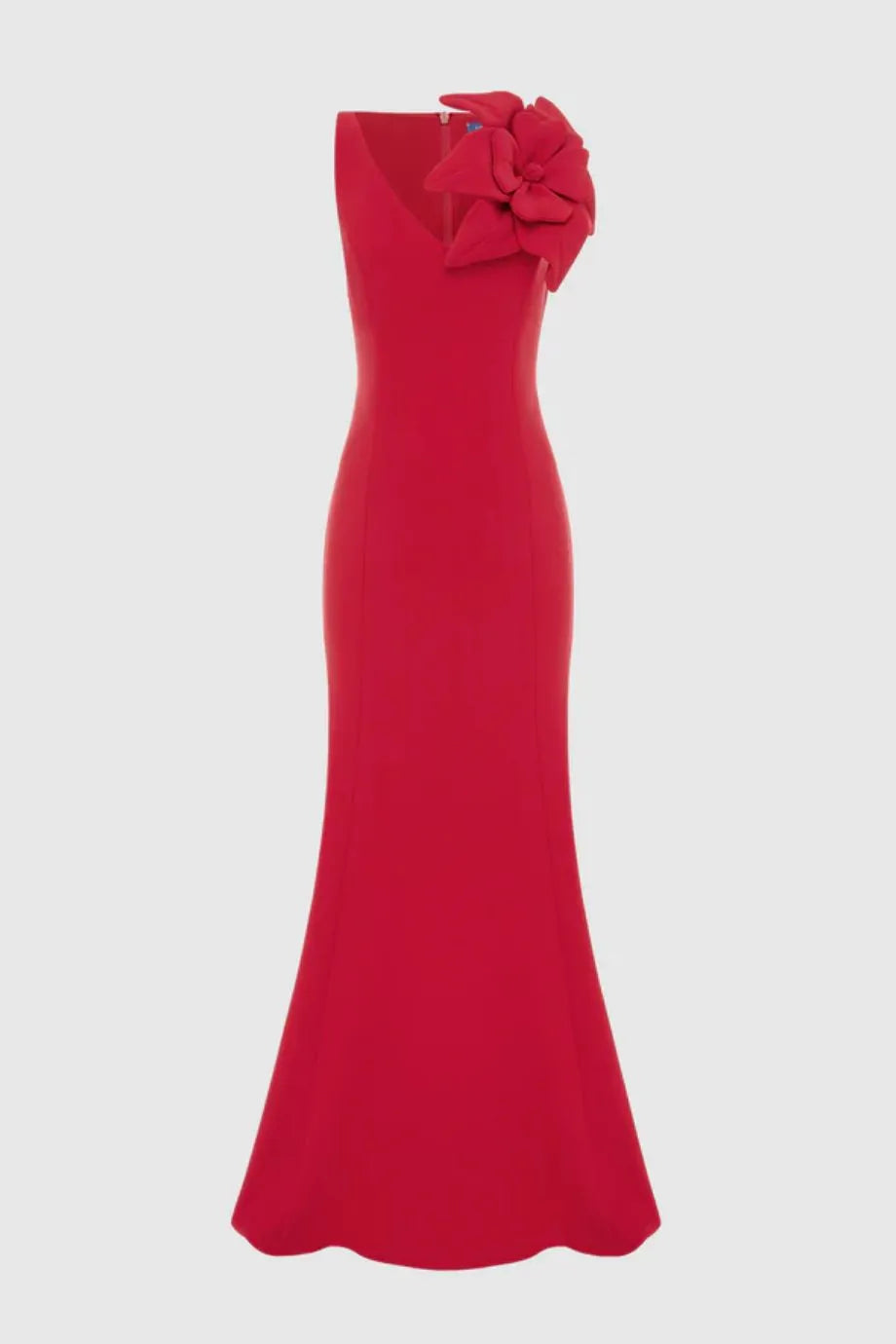 Eugenie Sleeveless Silk Slip Maxi Dress With Floral Applique in Red