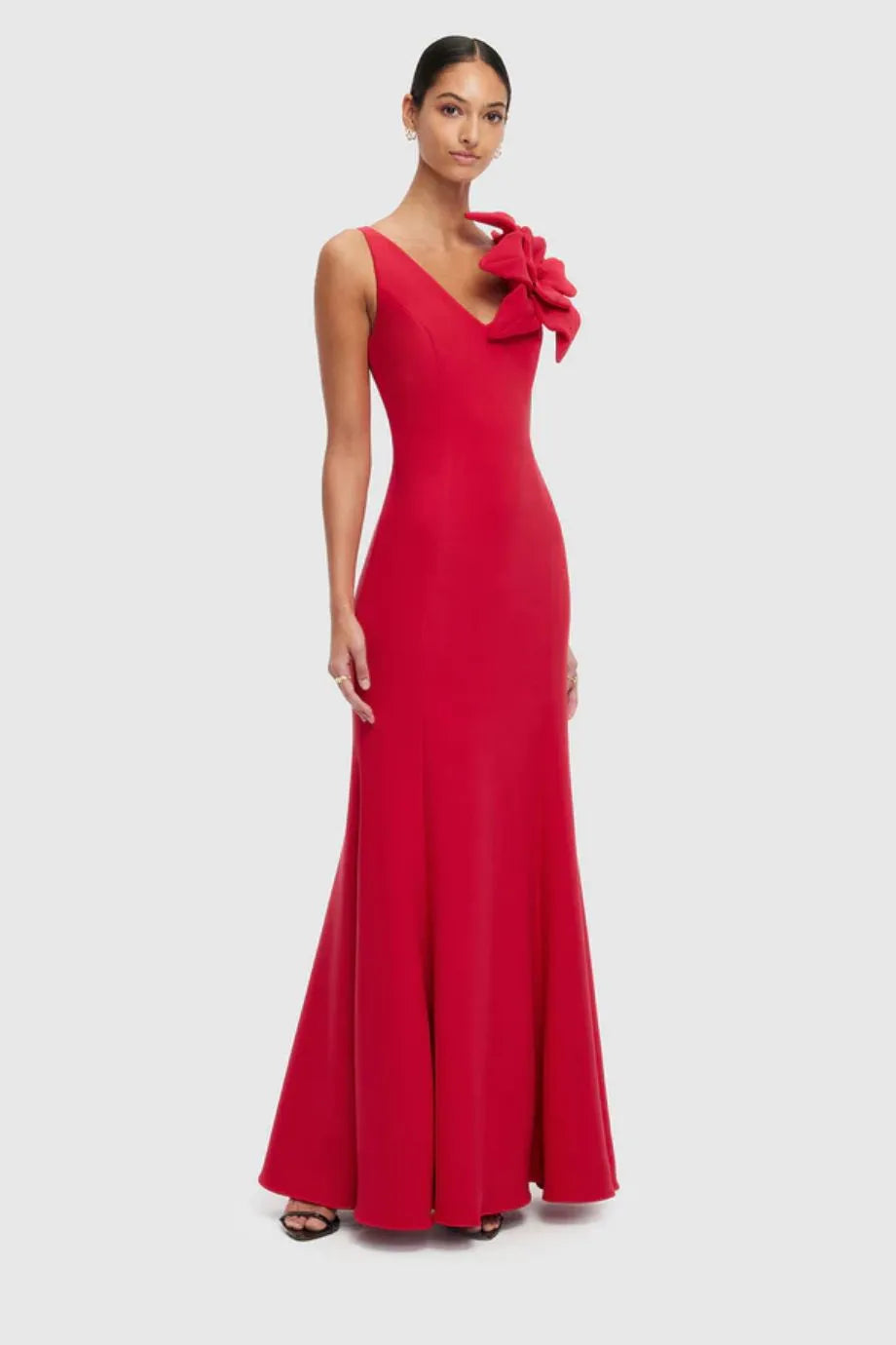 Eugenie Sleeveless Silk Slip Maxi Dress With Floral Applique in Red