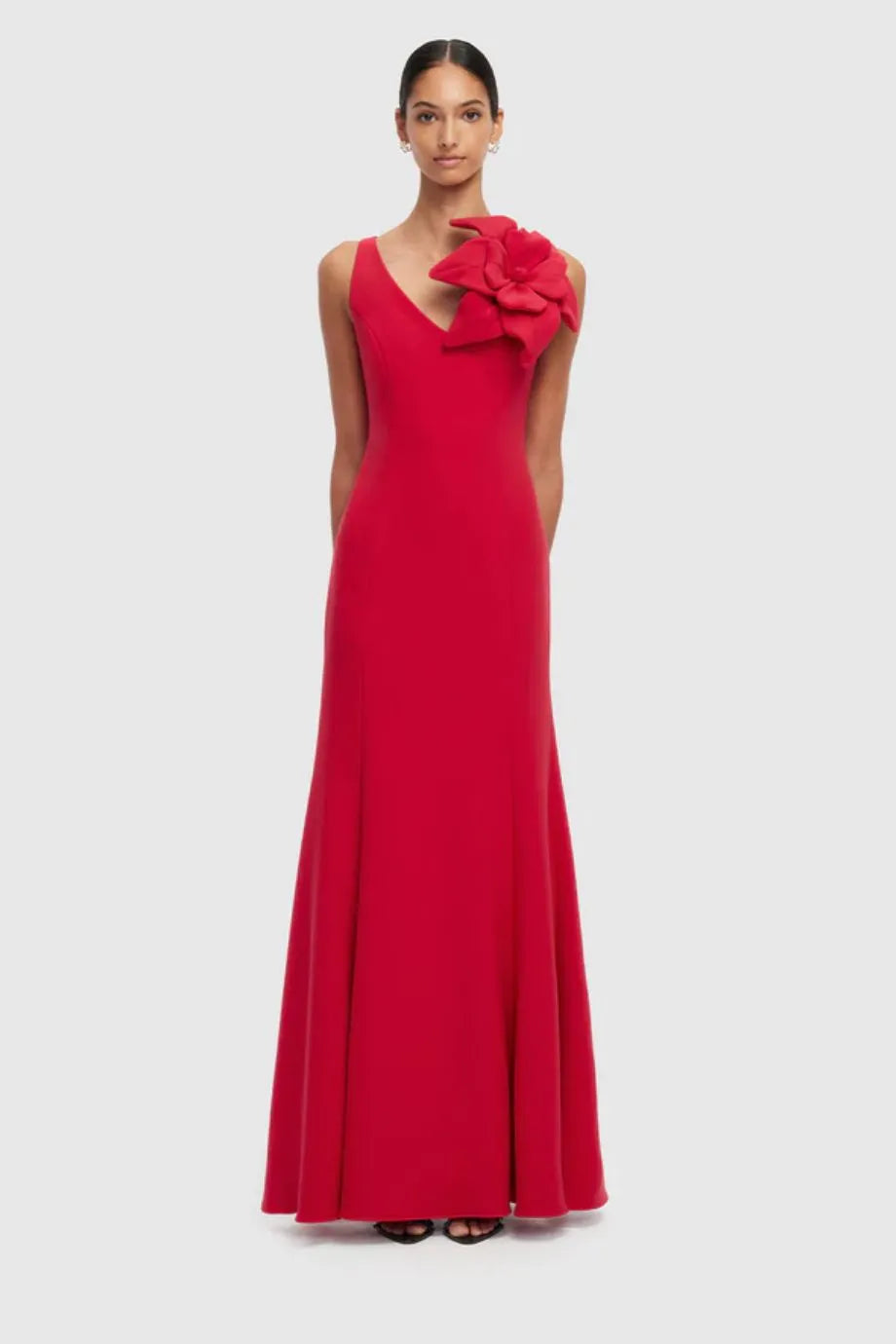 Eugenie Sleeveless Silk Slip Maxi Dress With Floral Applique in Red