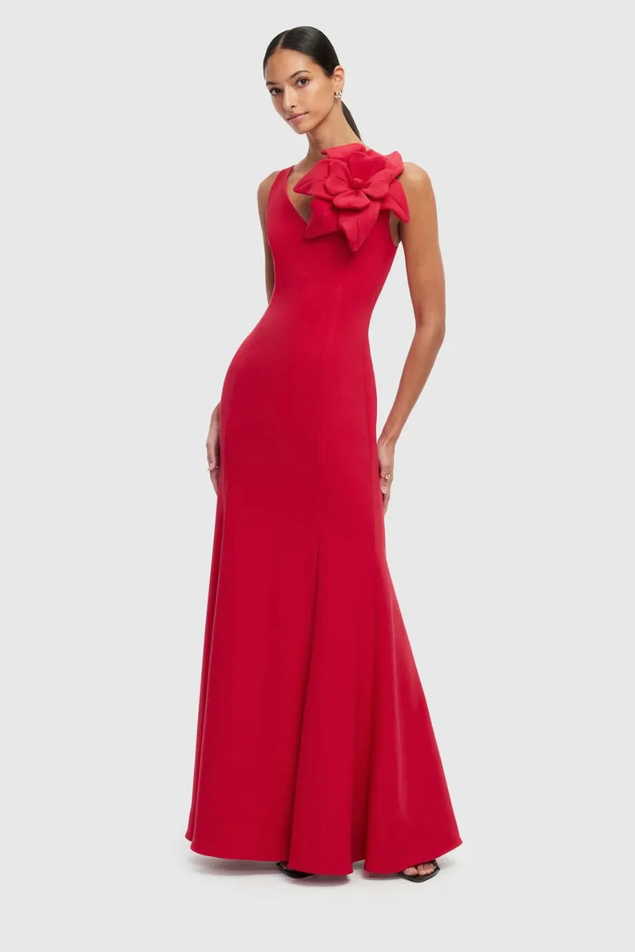 Eugenie Sleeveless Silk Slip Maxi Dress With Floral Applique in Red