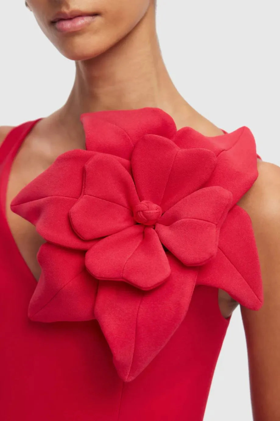 Eugenie Sleeveless Silk Slip Maxi Dress With Floral Applique in Red