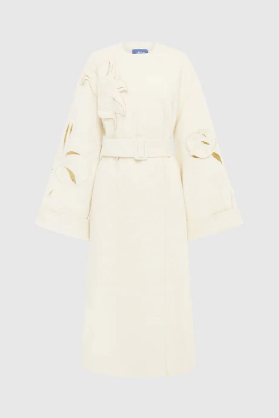Celestine Applique Wool Blend Long Sleeves Belted Coat in White