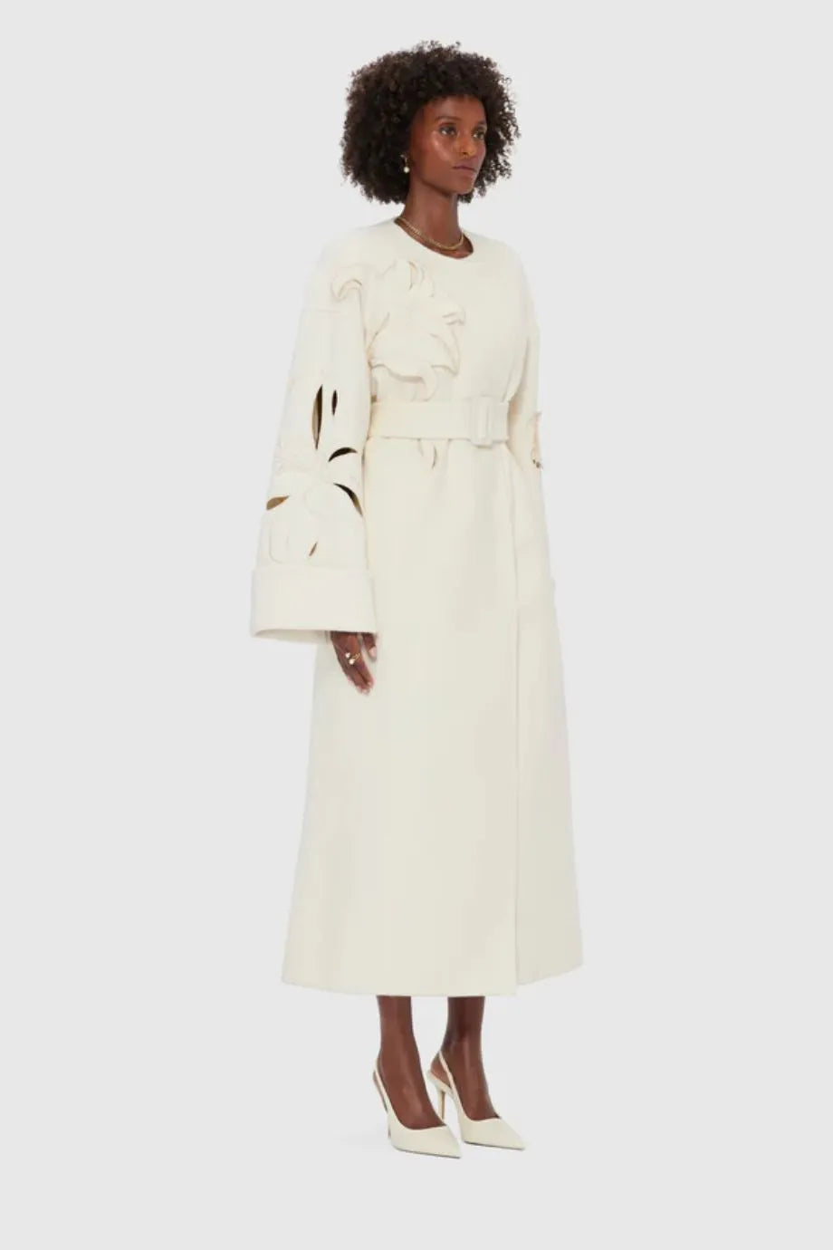 Celestine Applique Wool Blend Long Sleeves Belted Coat in White