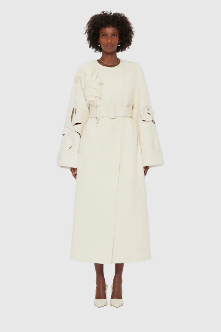 Celestine Applique Wool Blend Long Sleeves Belted Coat in White