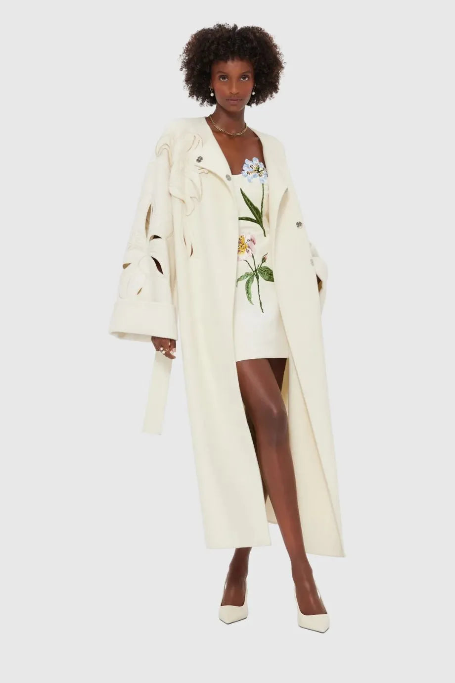 Celestine Applique Wool Blend Long Sleeves Belted Coat in White