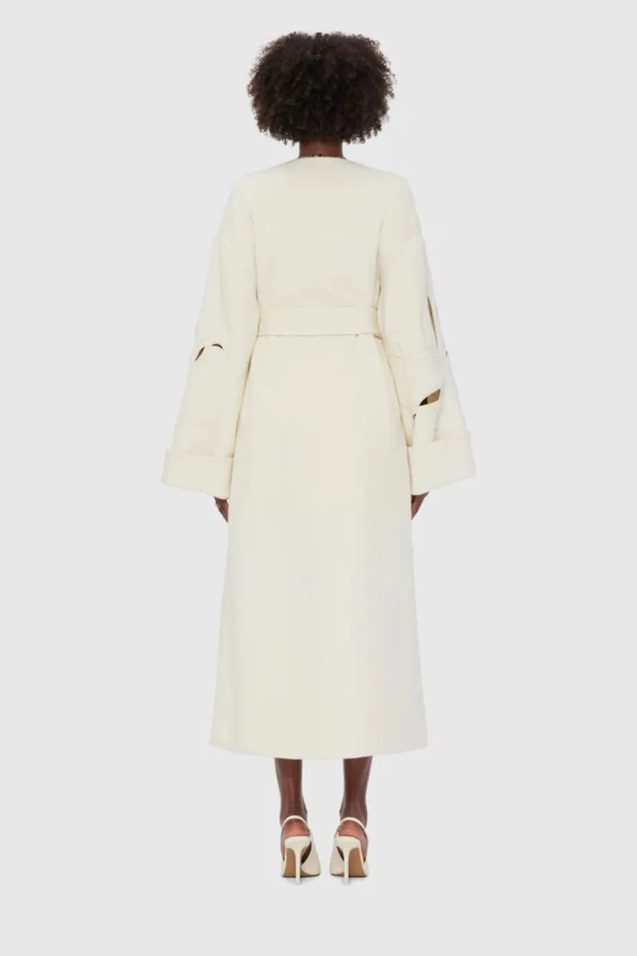 Celestine Applique Wool Blend Long Sleeves Belted Coat in White