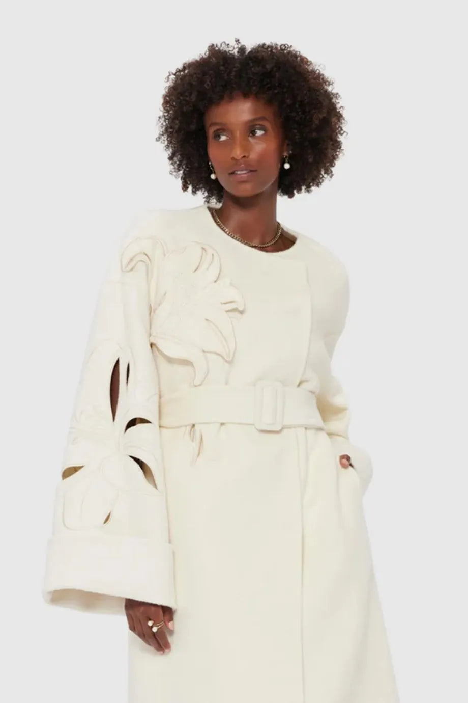 Celestine Applique Wool Blend Long Sleeves Belted Coat in White