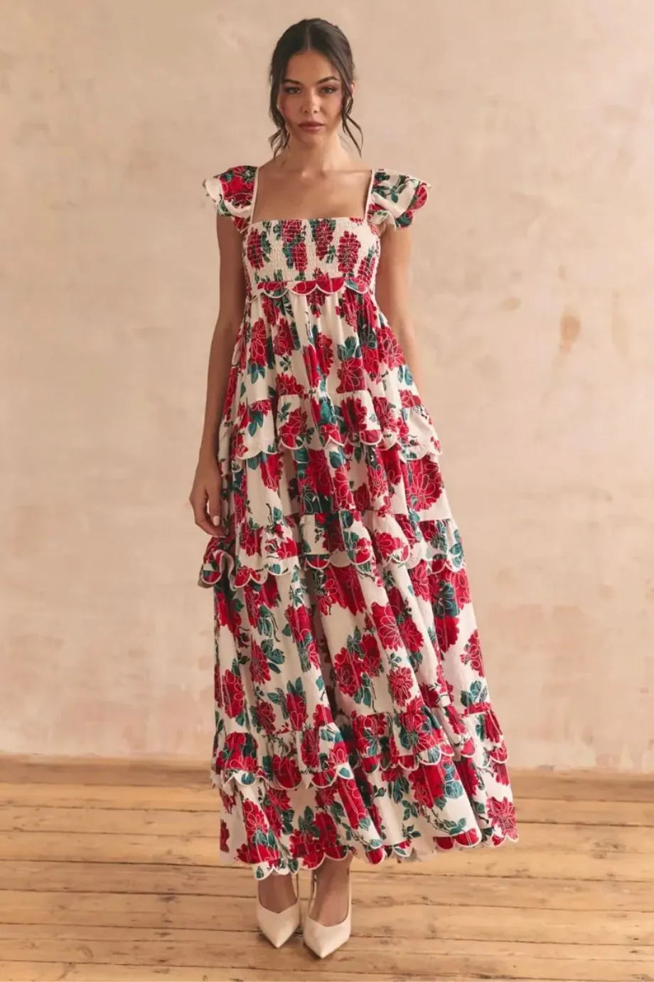 Monaco Tiered Scallop Detail Tie Back Floral Sleeveless Maxi Dress in Red