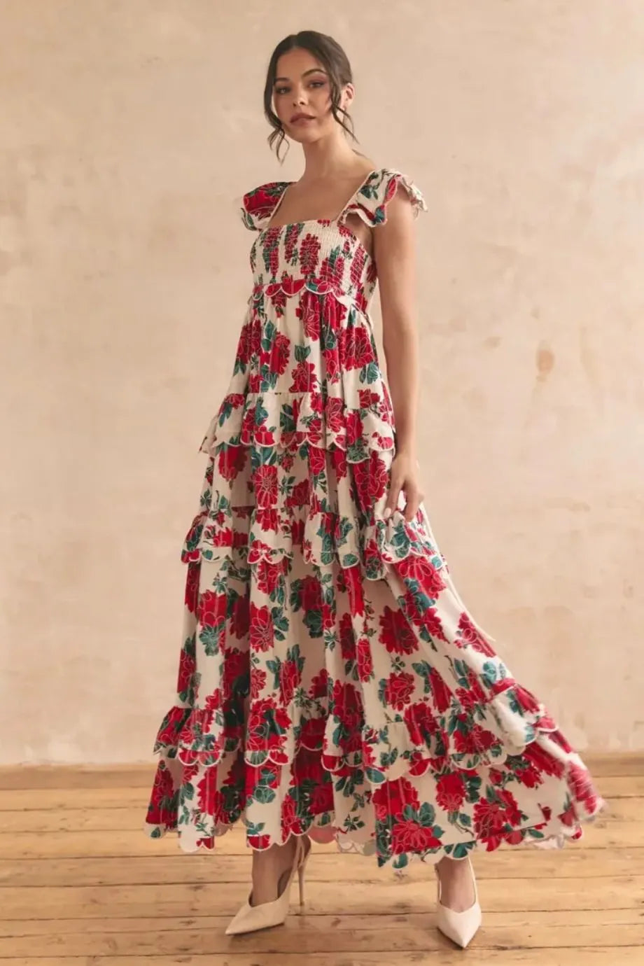 Monaco Tiered Scallop Detail Tie Back Floral Sleeveless Maxi Dress in Red