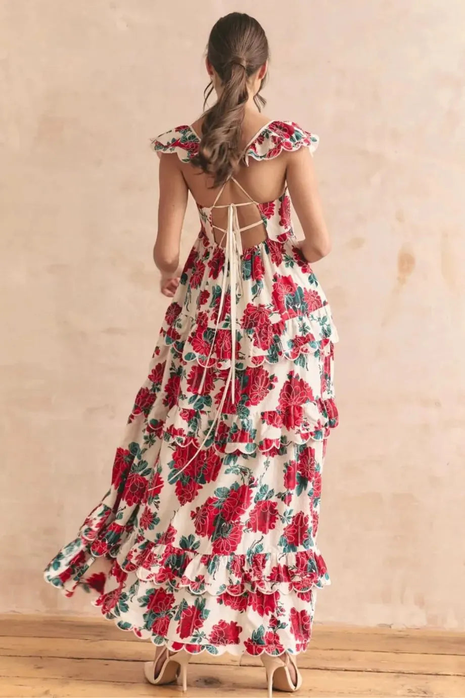 Monaco Tiered Scallop Detail Tie Back Floral Sleeveless Maxi Dress in Red
