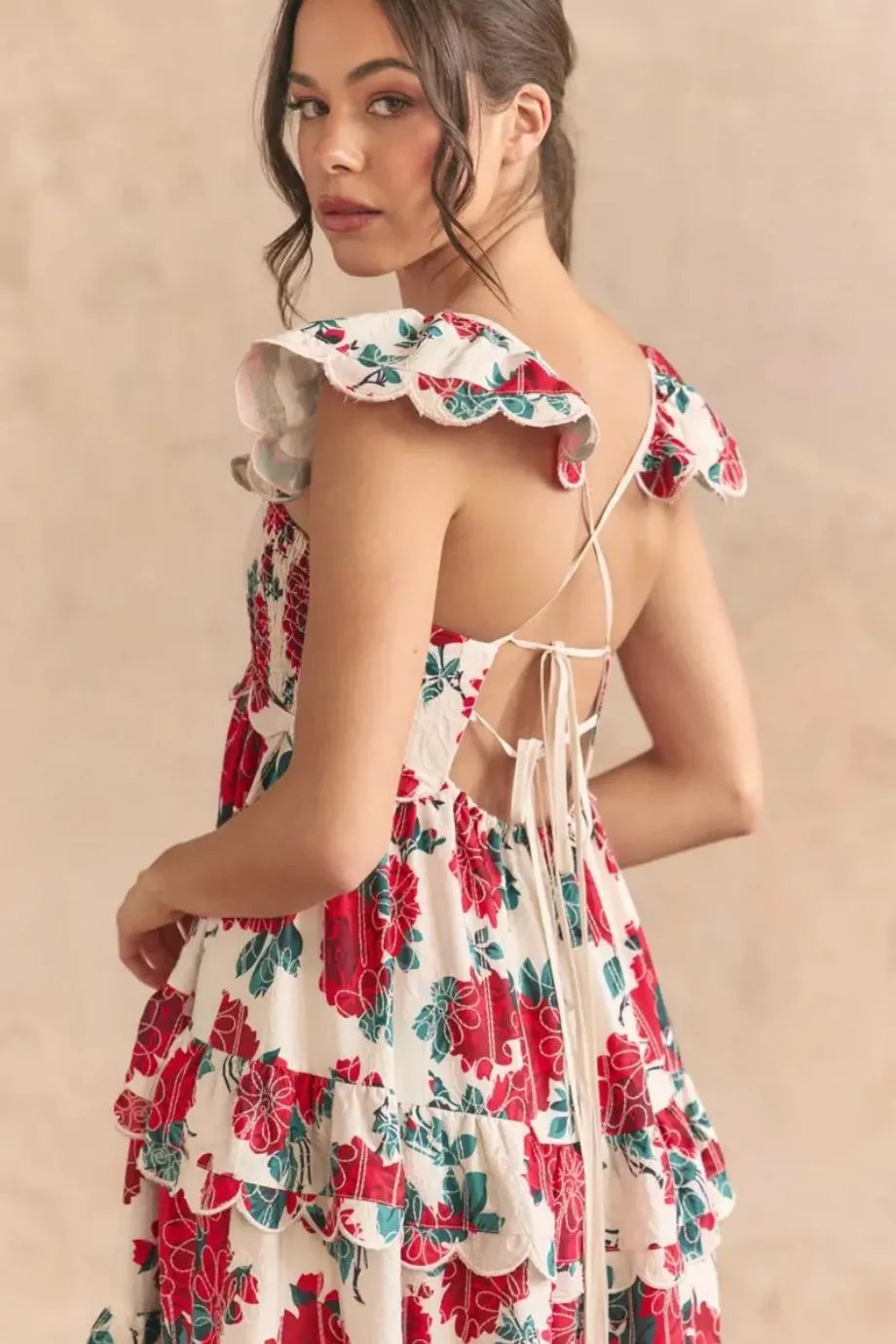 Monaco Tiered Scallop Detail Tie Back Floral Sleeveless Maxi Dress in Red
