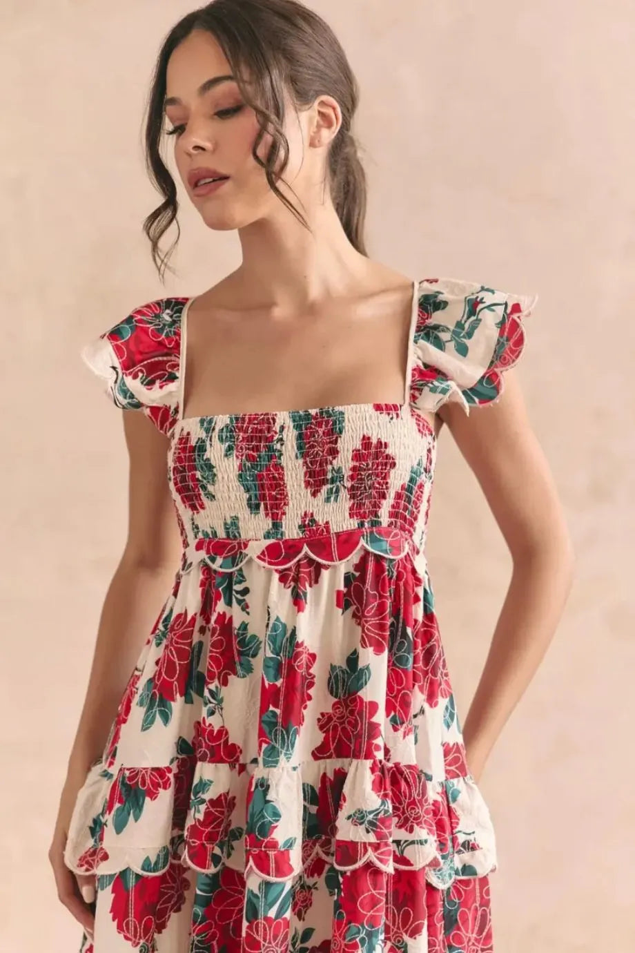 Monaco Tiered Scallop Detail Tie Back Floral Sleeveless Maxi Dress in Red