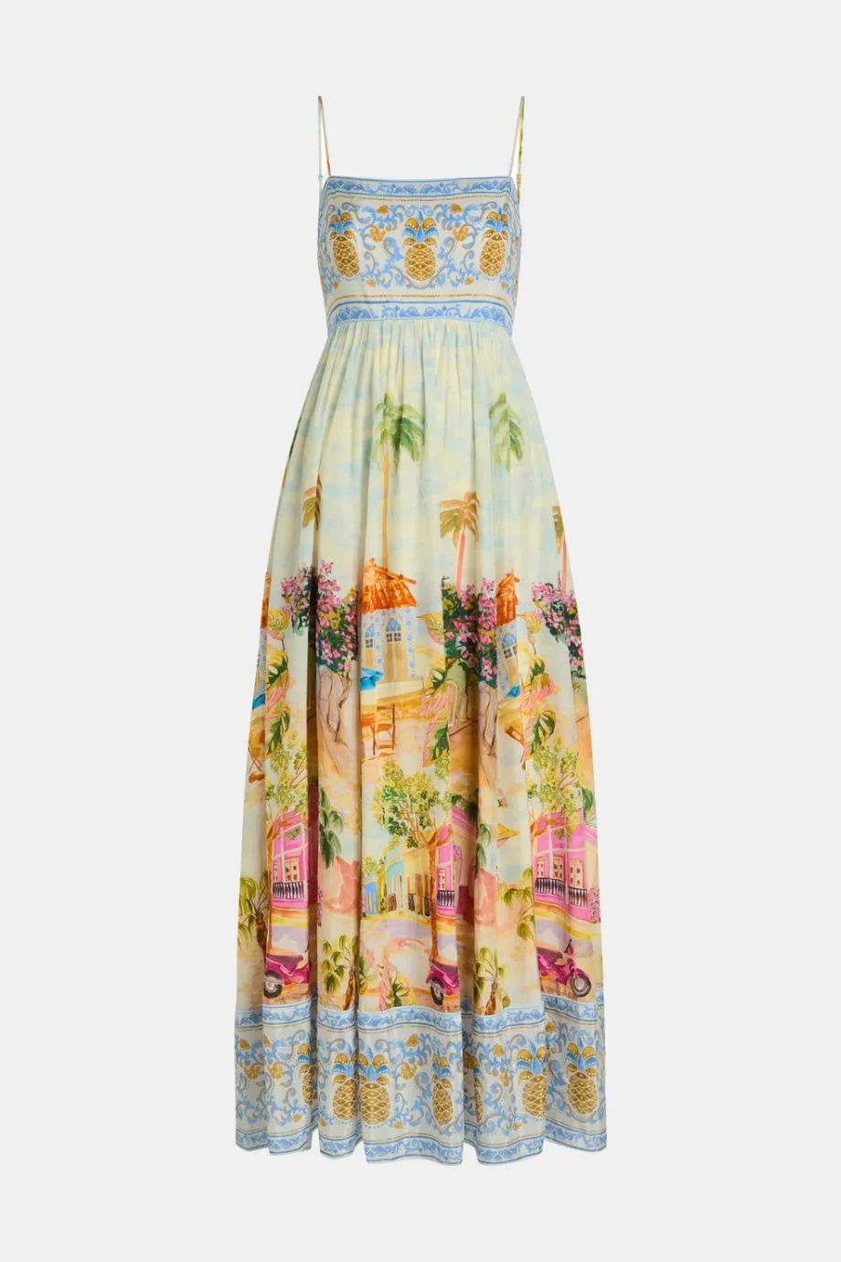 Aracati Tropical Print Cotton Sleeveless Maxi Dress in White
