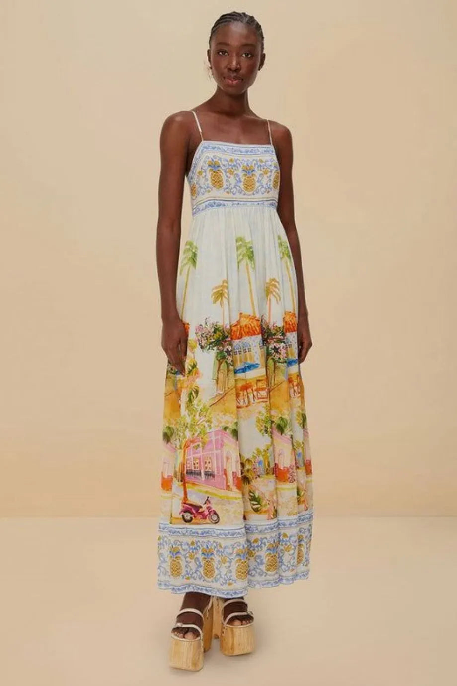 Aracati Tropical Print Cotton Sleeveless Maxi Dress in White