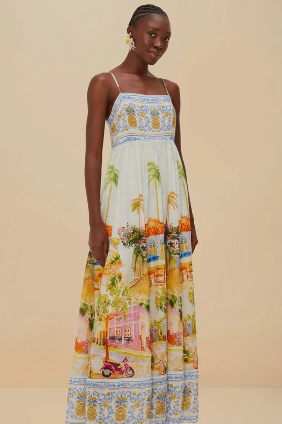Aracati Tropical Print Cotton Sleeveless Maxi Dress in White