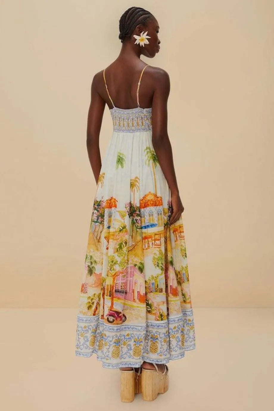 Aracati Tropical Print Cotton Sleeveless Maxi Dress in White