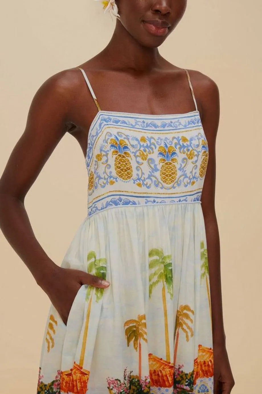 Aracati Tropical Print Cotton Sleeveless Maxi Dress in White