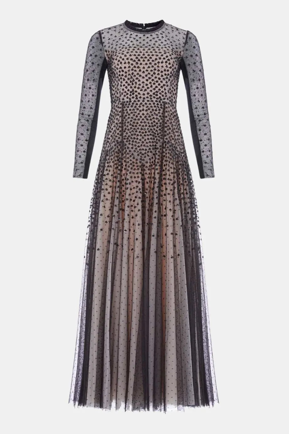 Sequin Cascade Round Neck Long Sleeves Evening Dress in Black