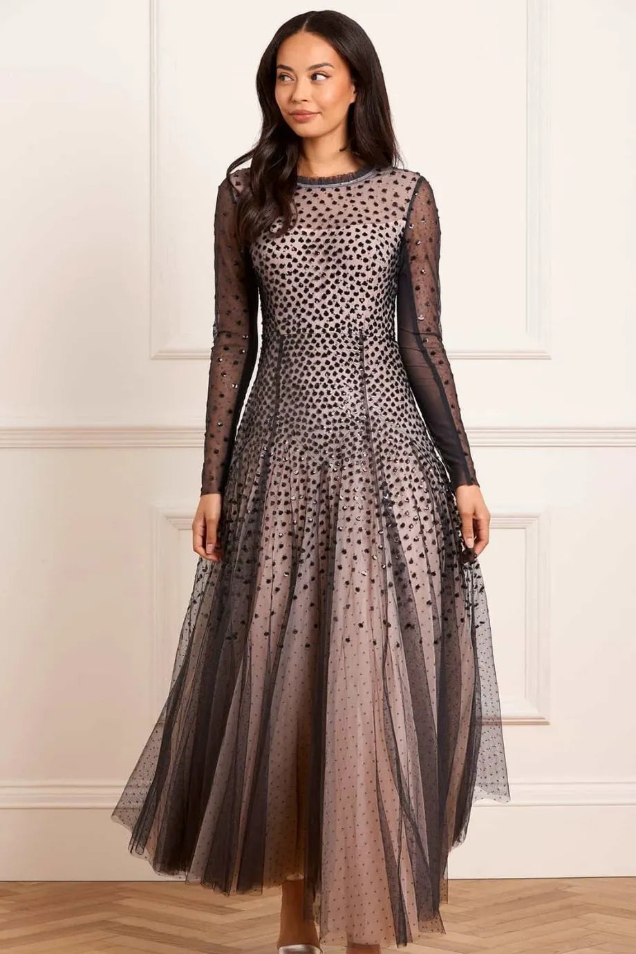 Sequin Cascade Round Neck Long Sleeves Evening Dress in Black