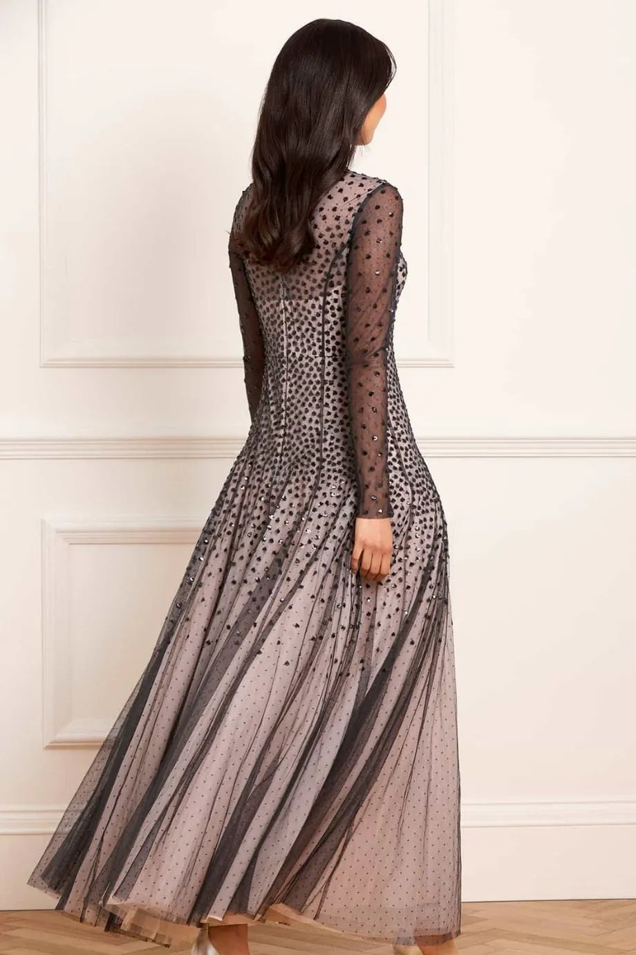 Sequin Cascade Round Neck Long Sleeves Evening Dress in Black