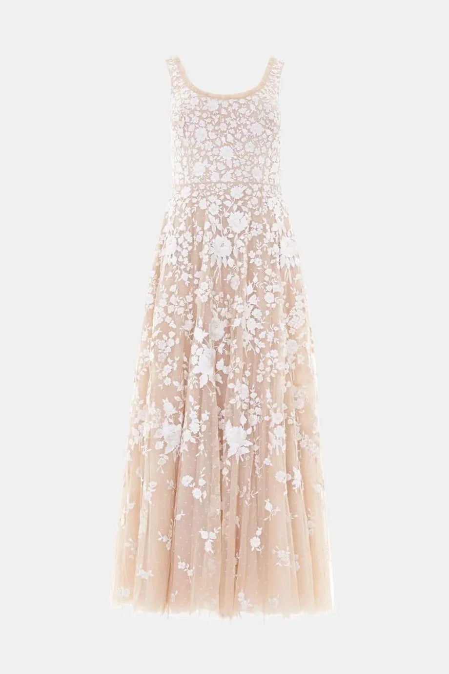 Rosa Scoop Neck Floral Sleeveless Evening Dress in Beige